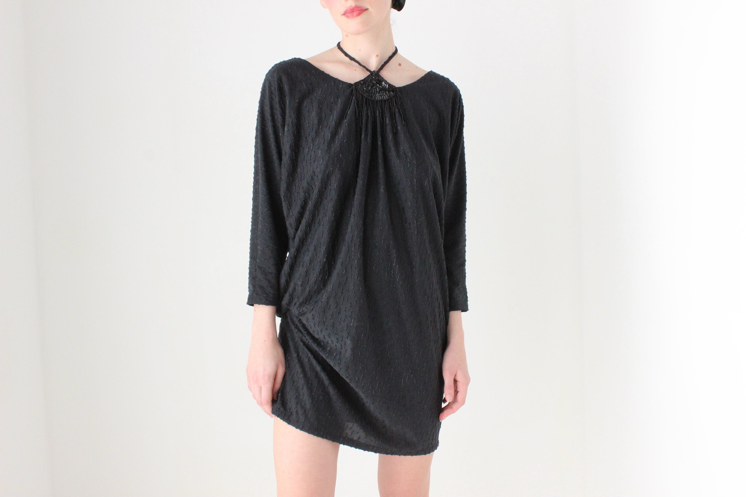 BALLETCORE 80s Designer Batwing Cocoon Mini w/ Sequin Halter Detail