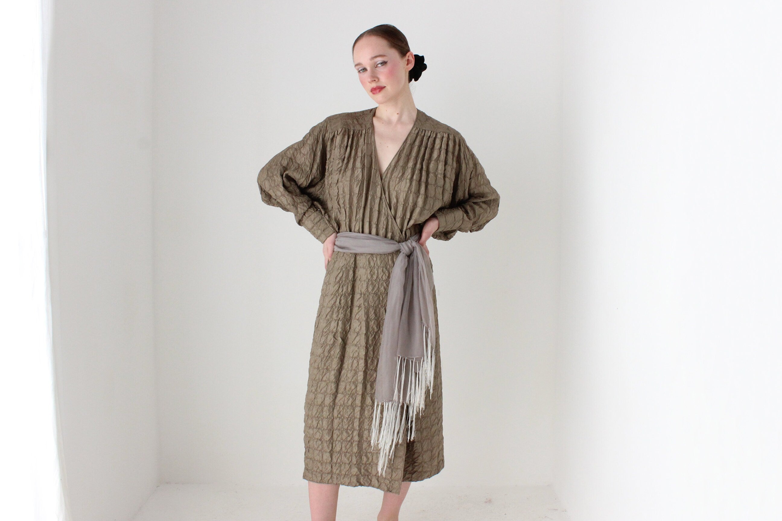 BALLETCORE 80s Pure Silk Textured Batwing Plunge Wrap Dress