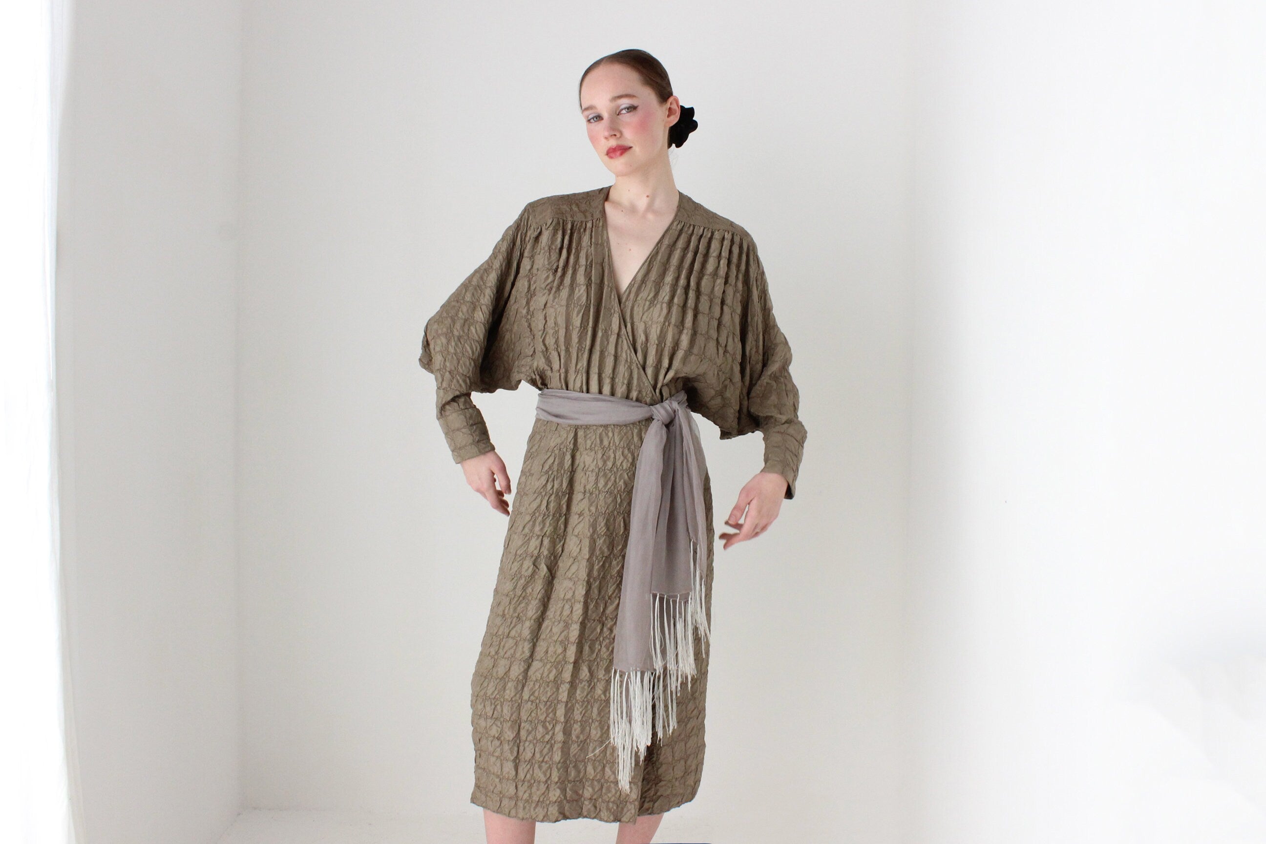BALLETCORE 80s Pure Silk Textured Batwing Plunge Wrap Dress