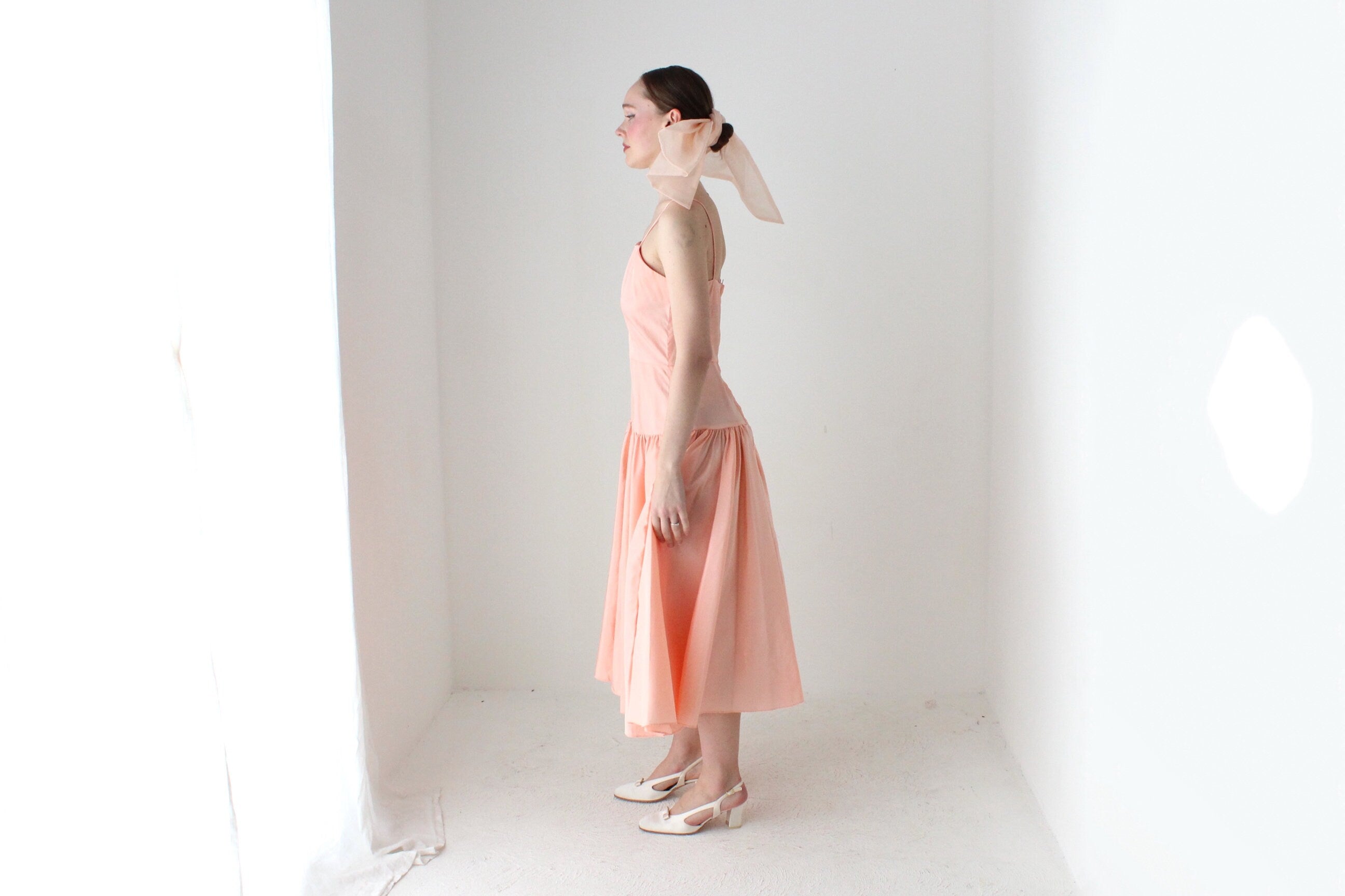 BALLETCORE 80s Ballet Pink Taffeta Drop Waist Cocktail Dress