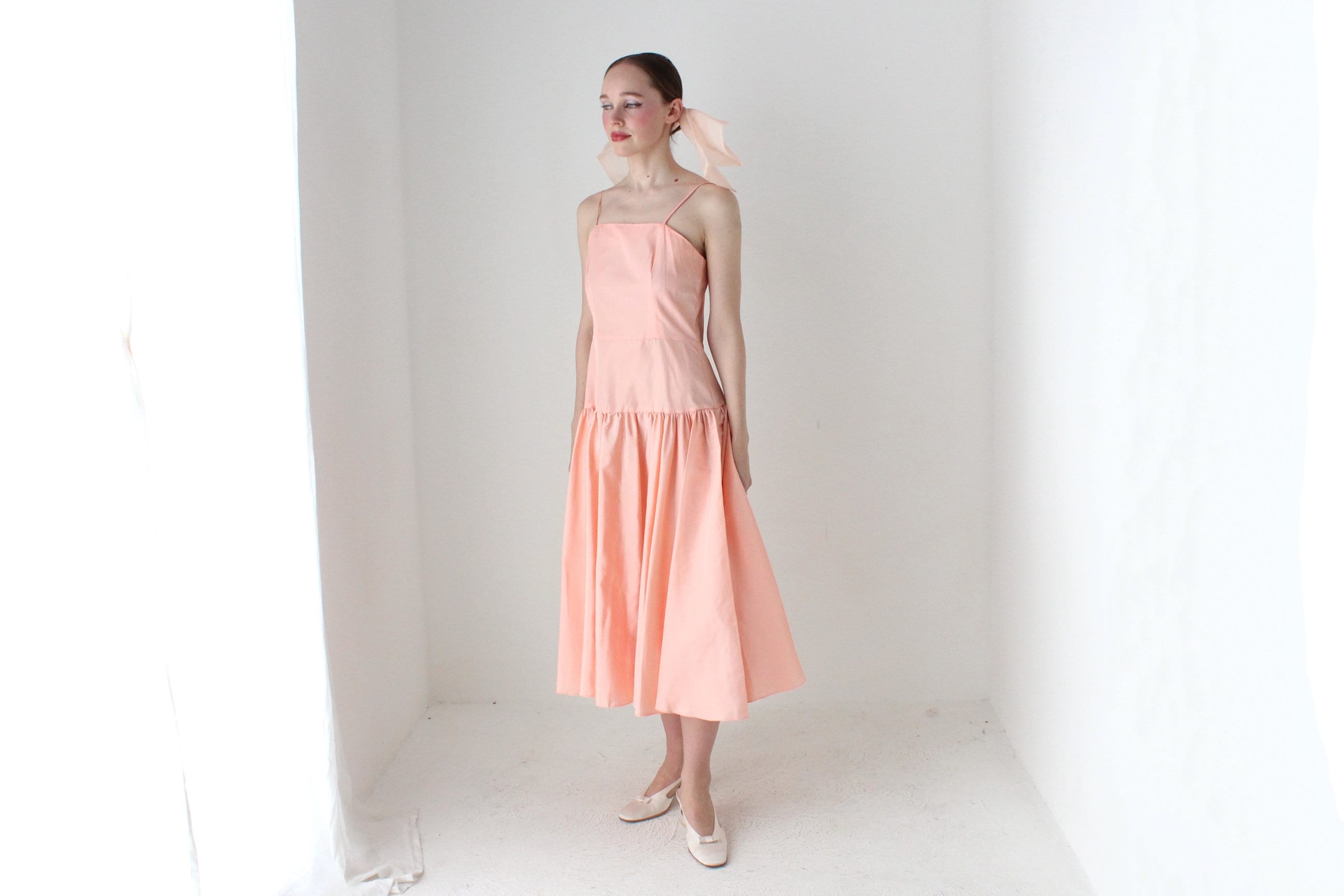 BALLETCORE 80s Ballet Pink Taffeta Drop Waist Cocktail Dress