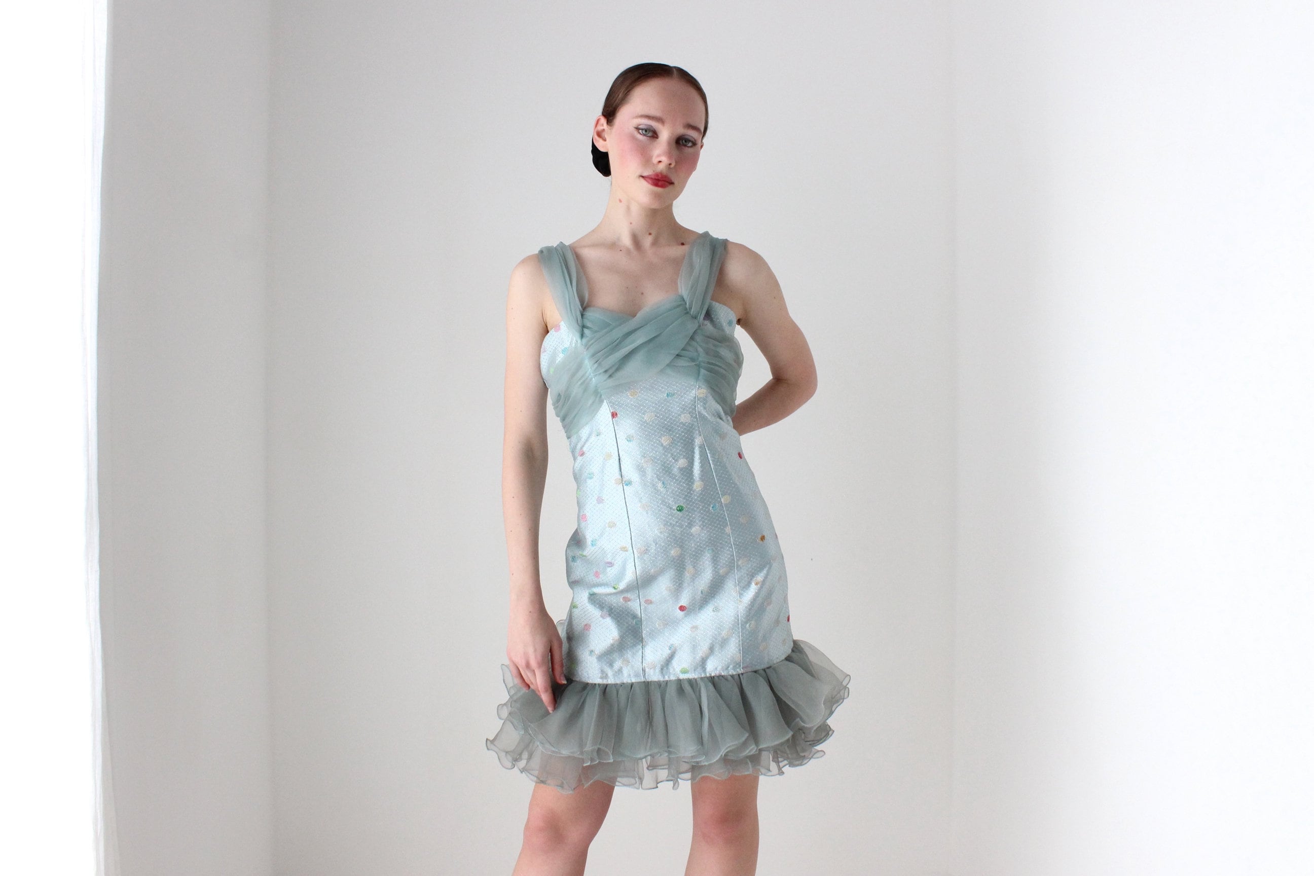 BALLETCORE Delicious 80s Ice Blue Organza Ruffle Cocktail Dress