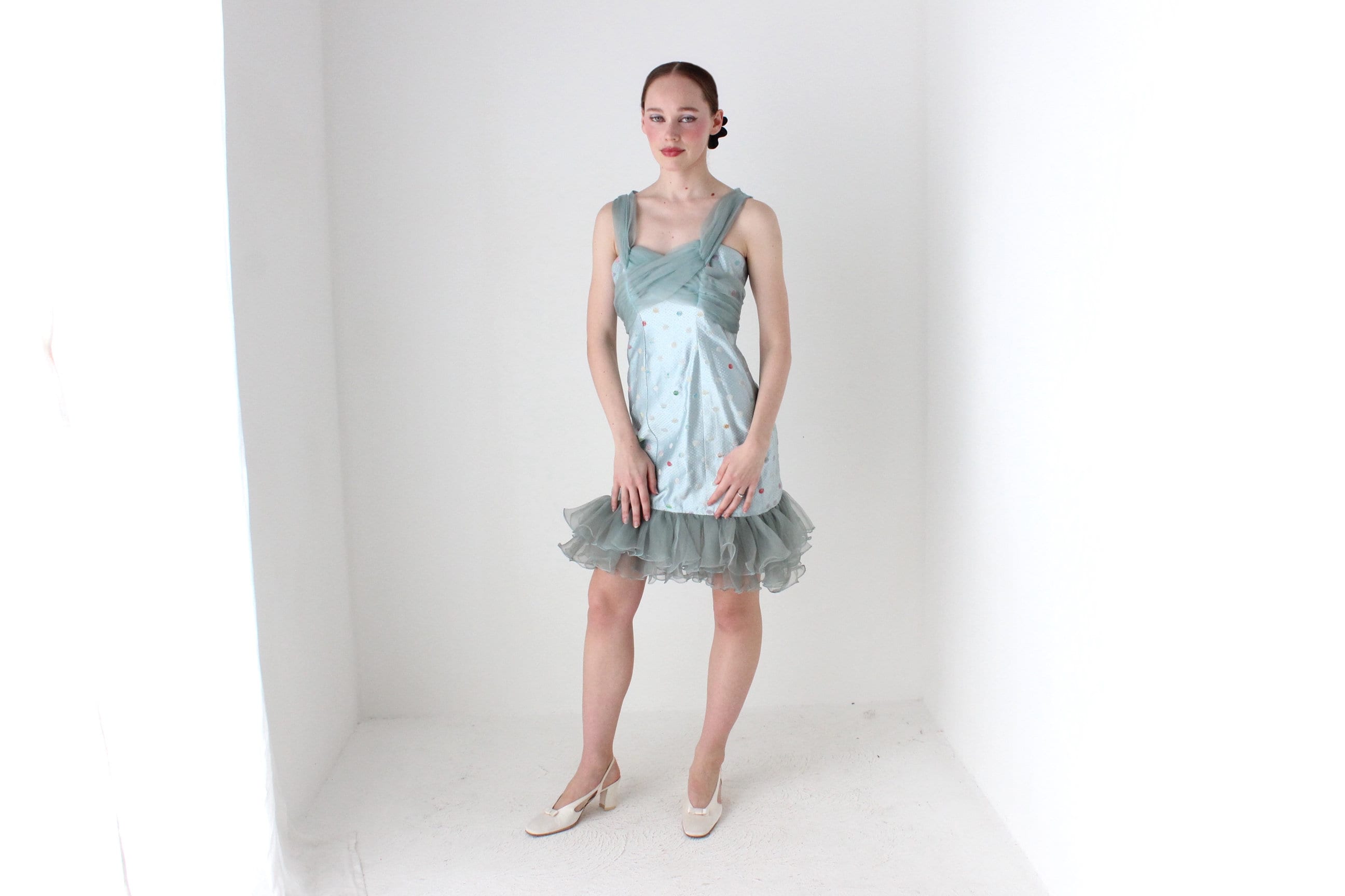 BALLETCORE Delicious 80s Ice Blue Organza Ruffle Cocktail Dress
