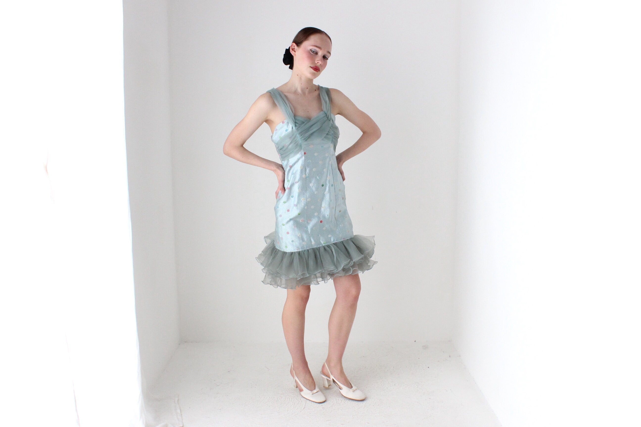 BALLETCORE Delicious 80s Ice Blue Organza Ruffle Cocktail Dress