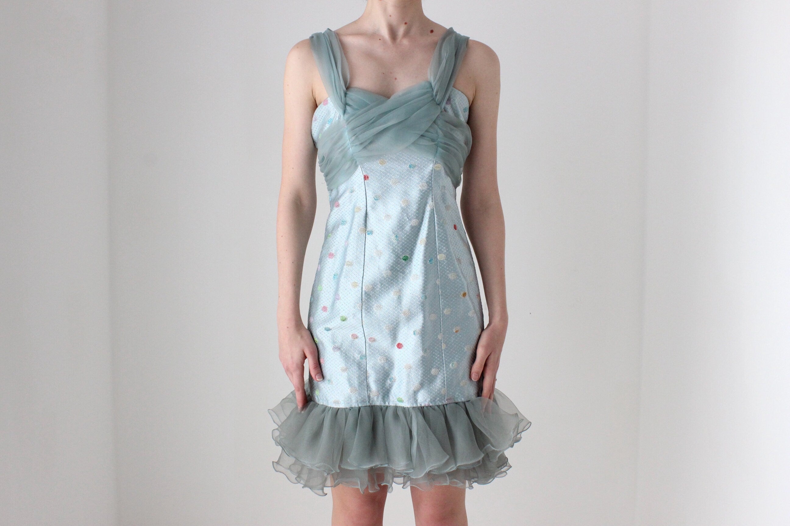 BALLETCORE Delicious 80s Ice Blue Organza Ruffle Cocktail Dress