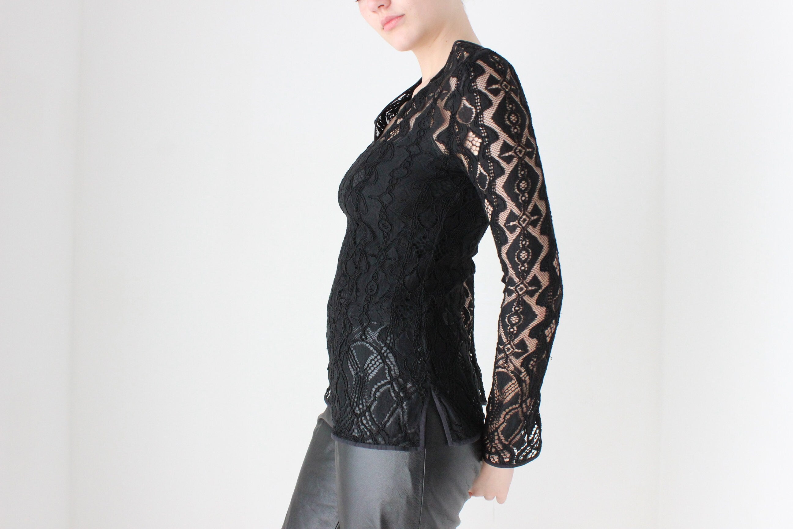 BALLETCORE 90s Sheer Black Lace Long Sleeve Top