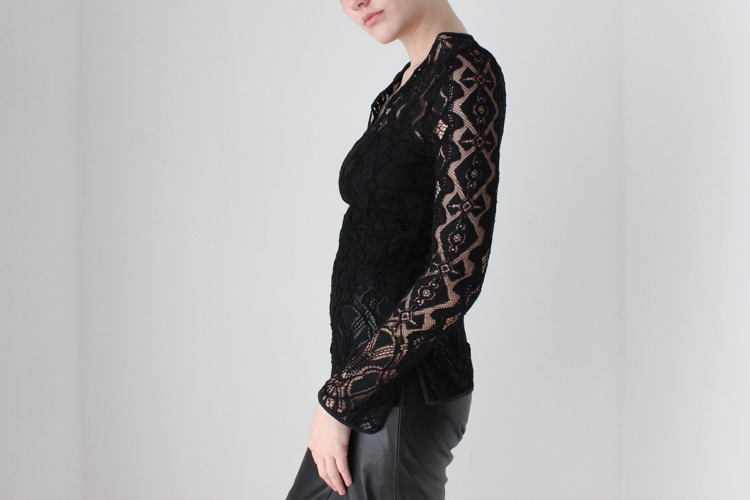 BALLETCORE 90s Sheer Black Lace Long Sleeve Top