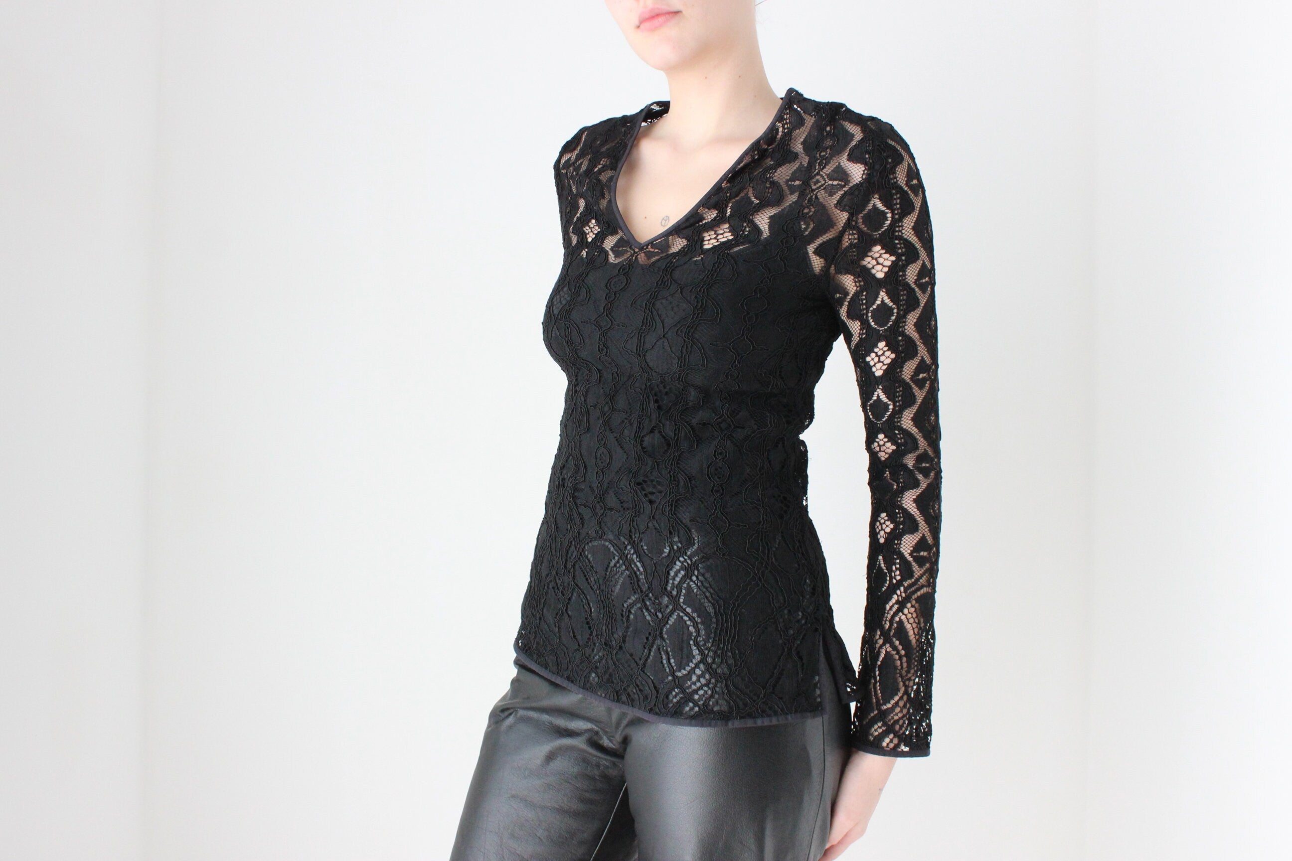 BALLETCORE 90s Sheer Black Lace Long Sleeve Top