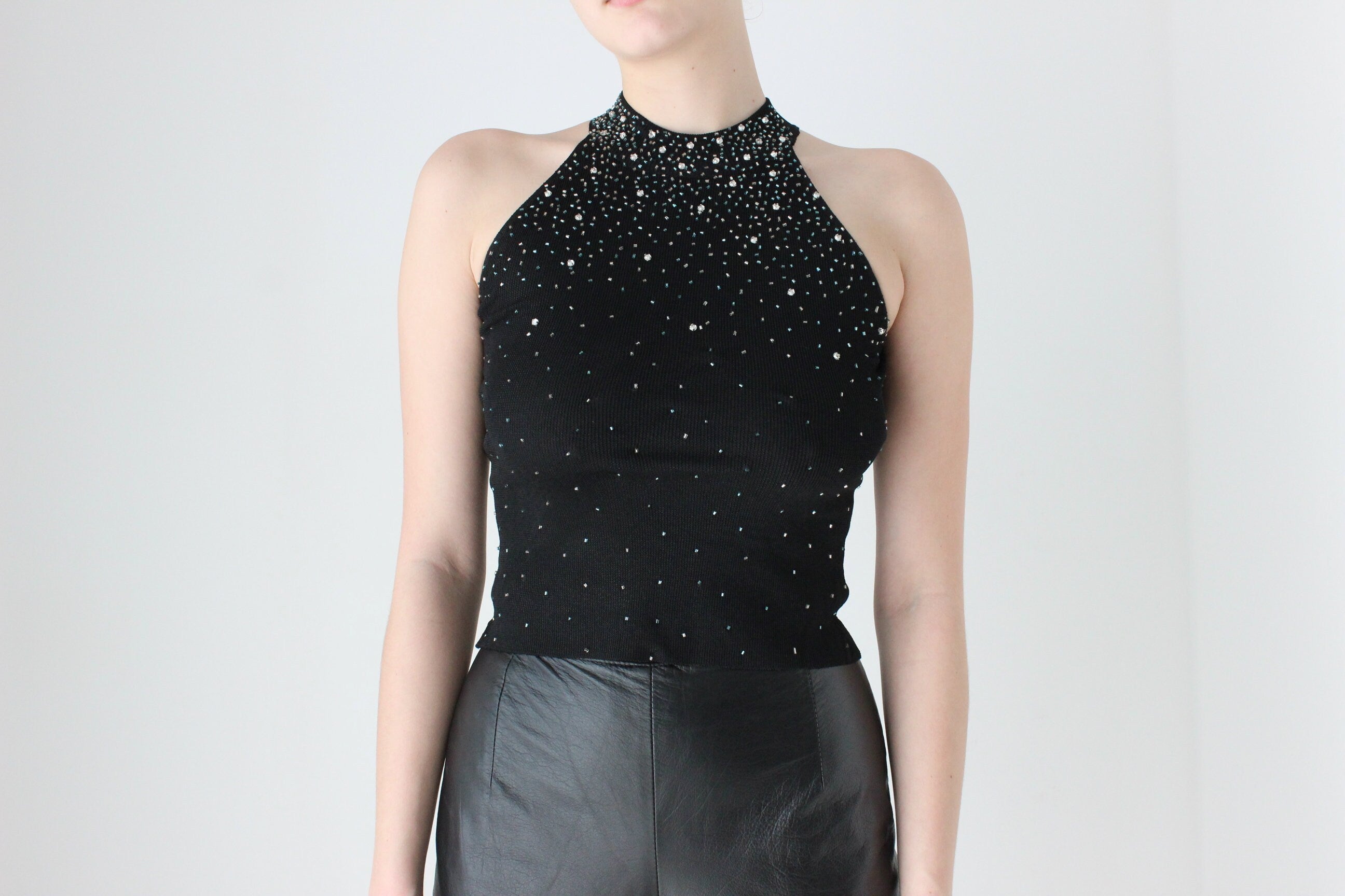 BALLETCORE Y2K Diamonte Ribbed Disco Halter Topm