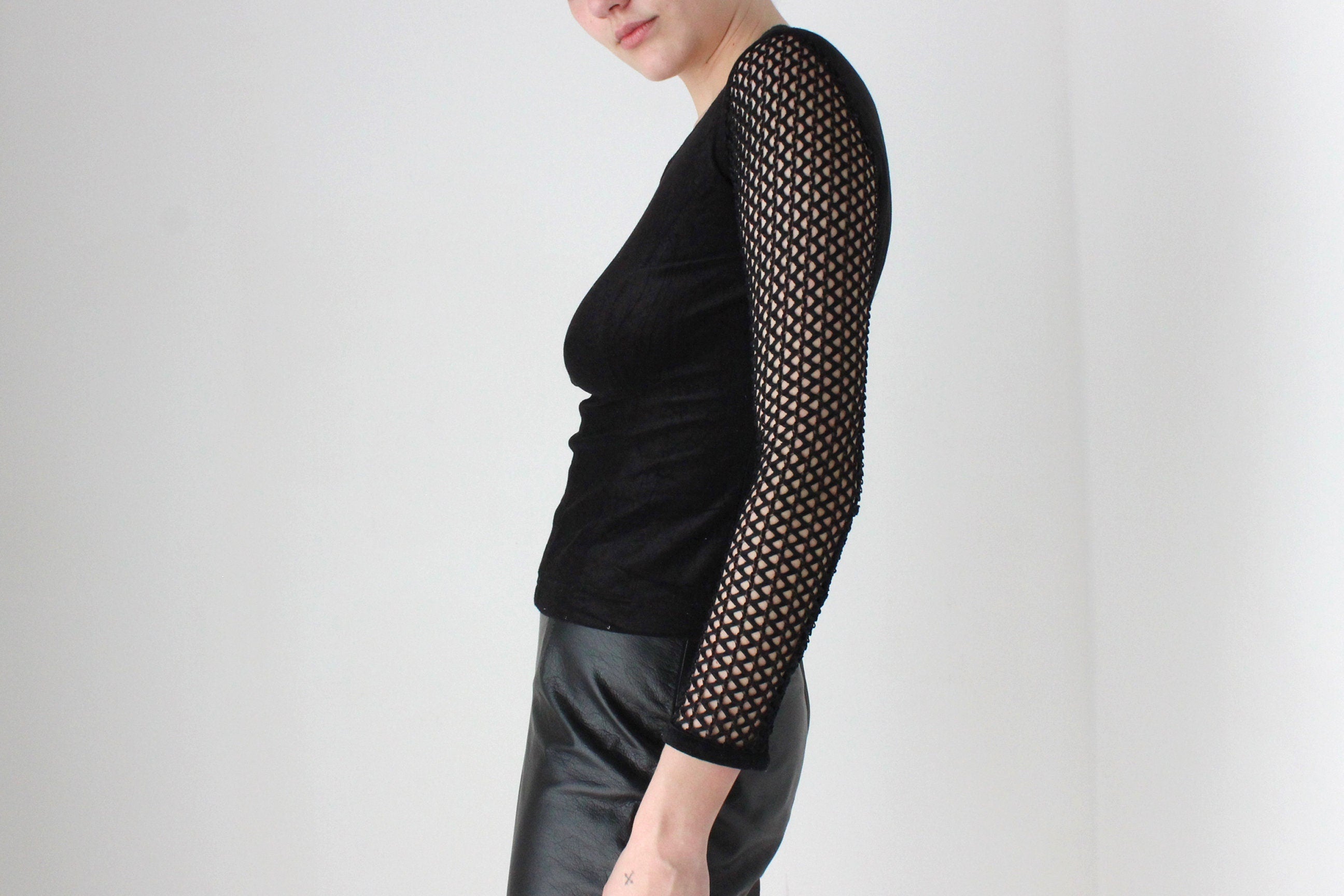 BALLETCORE 90s Goth Velour & Fishnet Stretch Long Sleeve Top