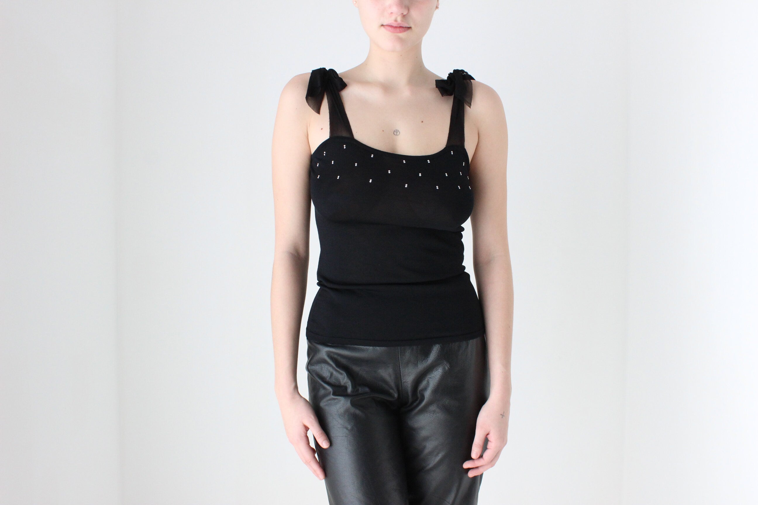 BALLETCORE 90s Stretch Knit Tank w/ Tulle Bow Straps