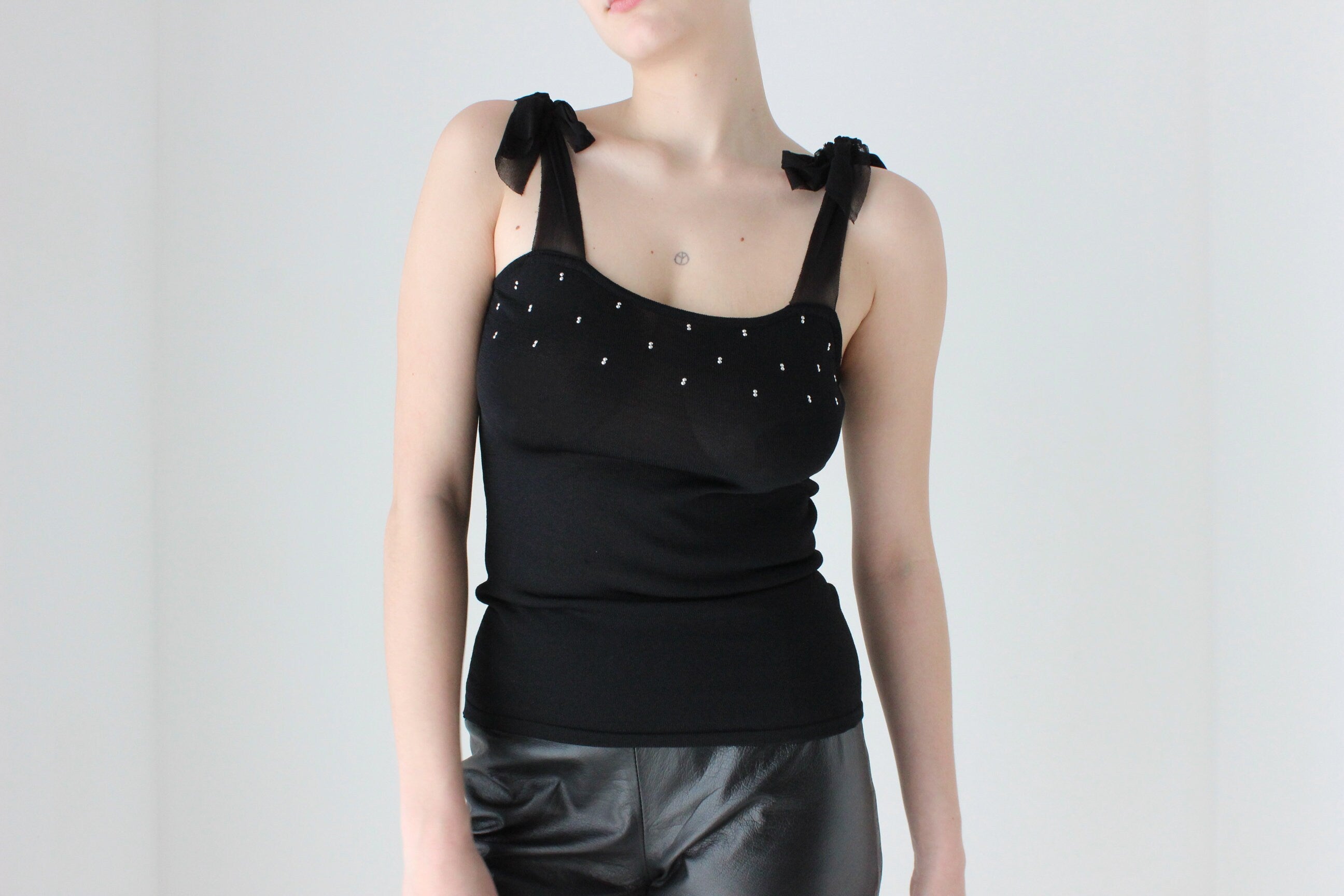 BALLETCORE 90s Stretch Knit Tank w/ Tulle Bow Straps