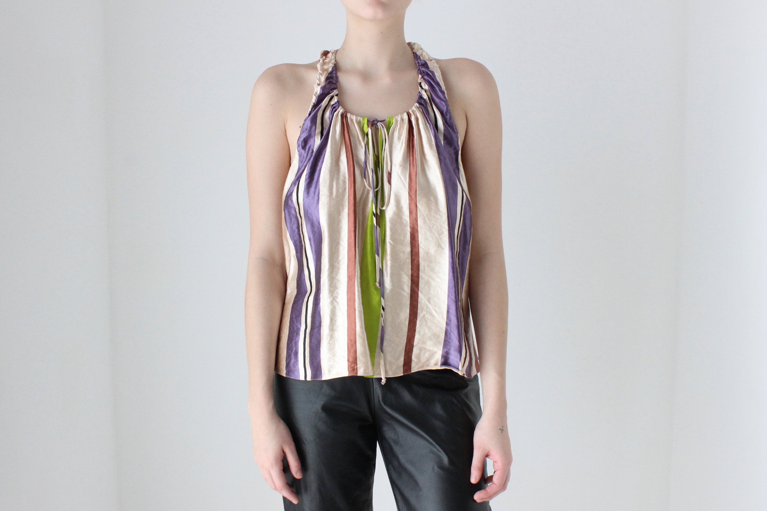 BALLETCORE 2000s Marni Metallic Striped Silk / Linen Trapeze Top