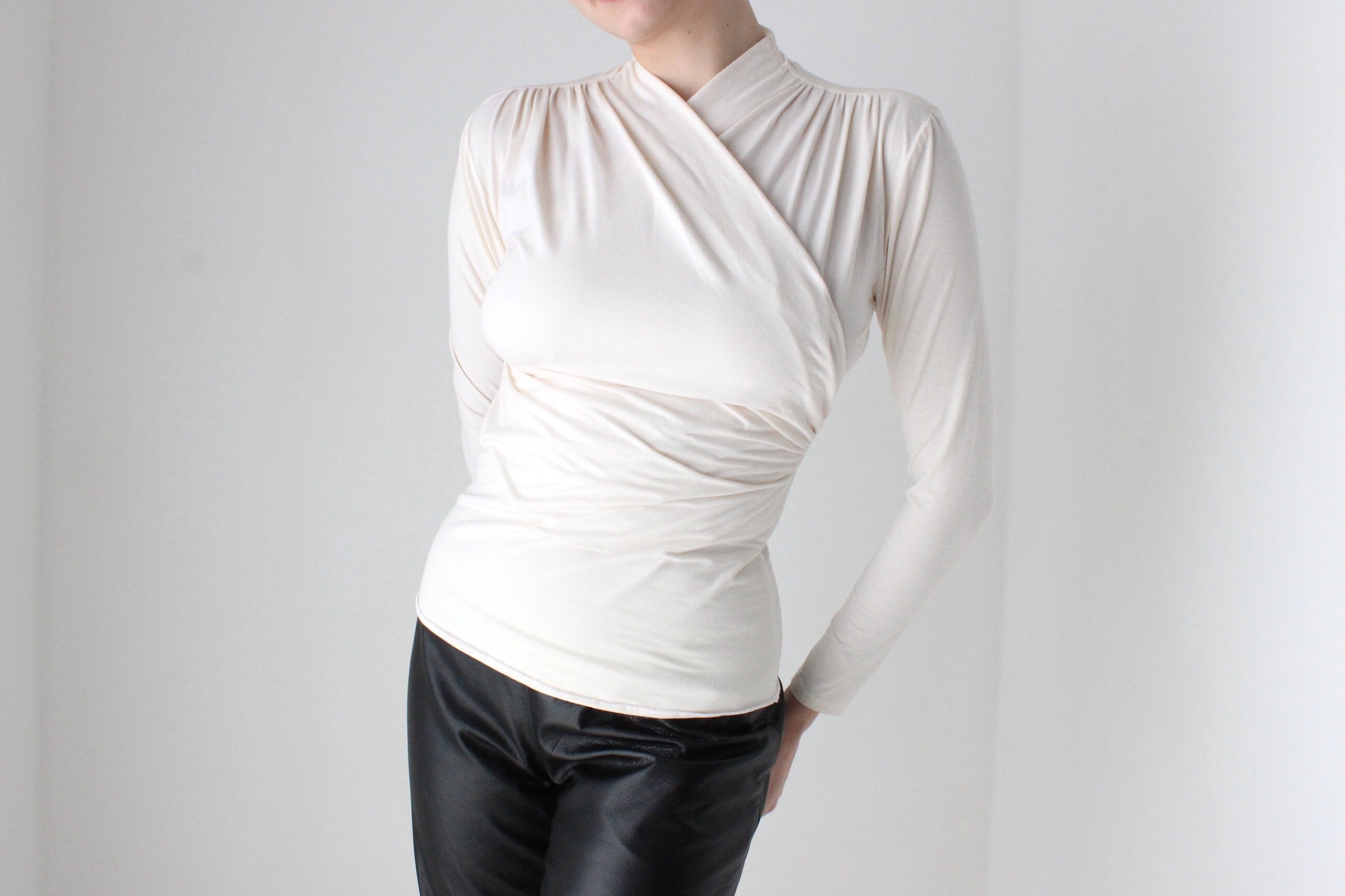 BALLETCORE Handmade 80s Cotton Blend 'Wrap' Style Long Sleeve Crossover Top