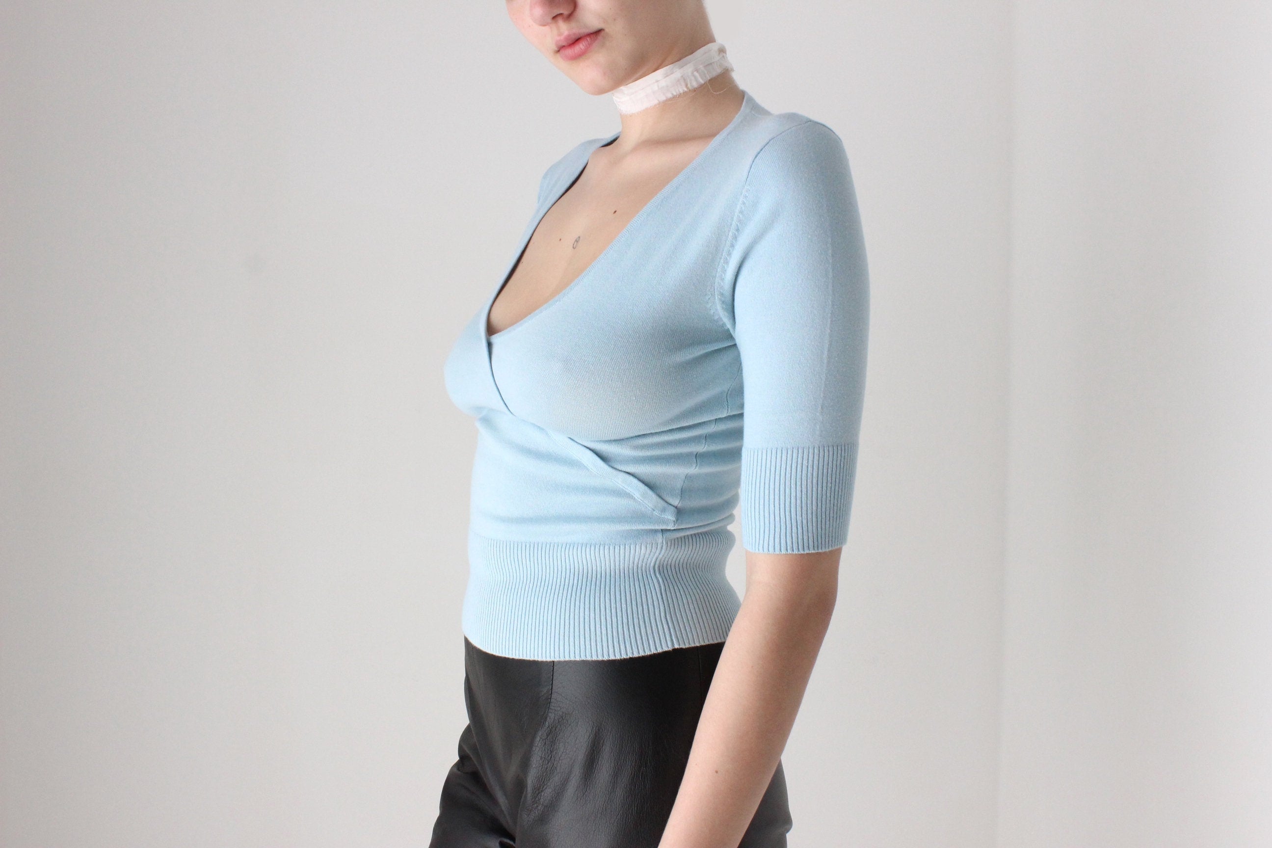 BALLETCORE 90s Pastel Plunge Neck 'Wrap' Knit Top
