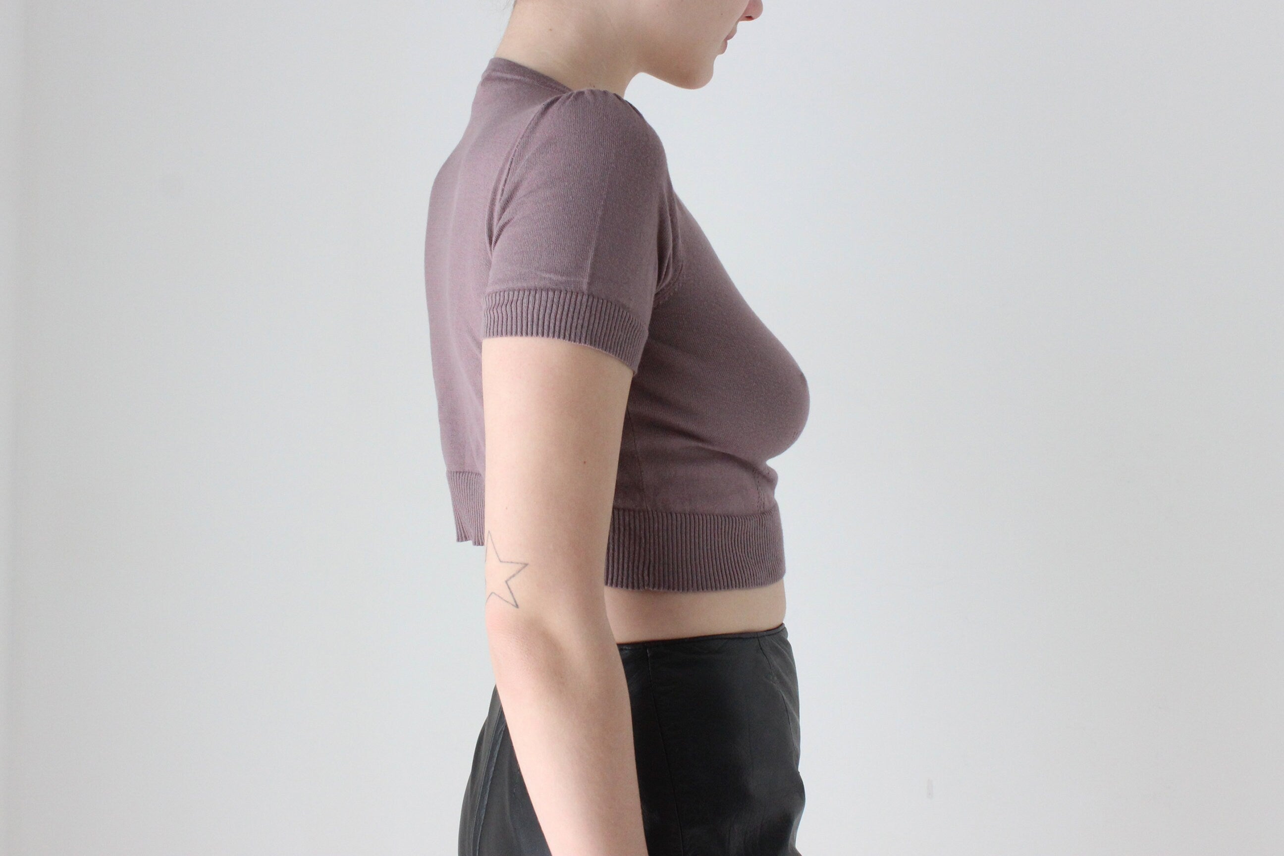 BALLETCORE Y2K Mauve Button Front Knit Crop by Cue