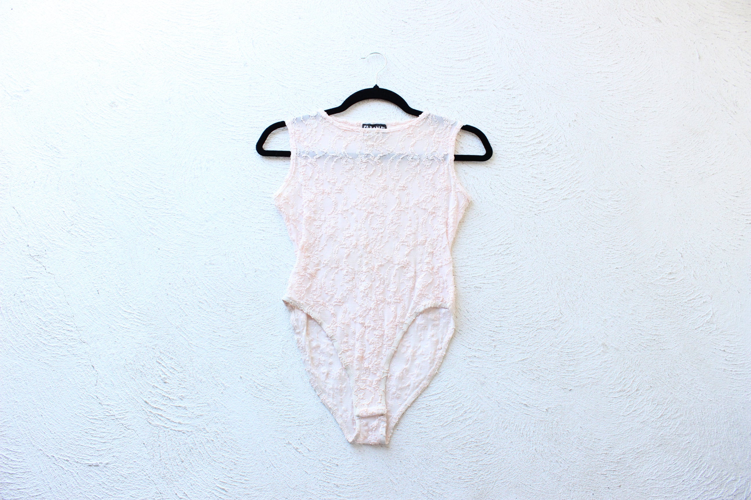 BALLETCORE 80s Palest Pink Sheer Lace Mesh Bodysuit