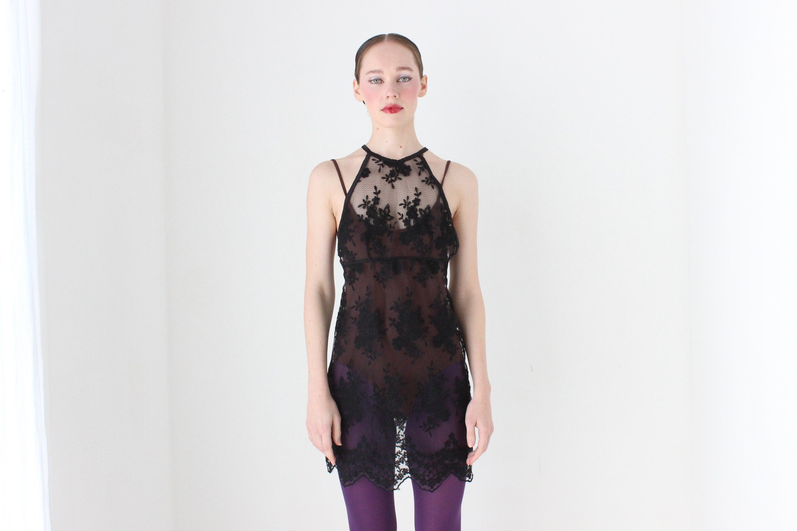 BALLETCORE 90s Sheer Lace Lingerie Mini Dress