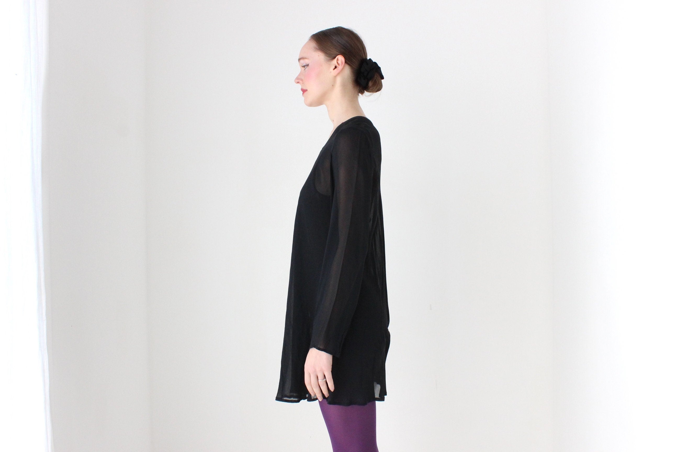 BALLETCORE 90s Black Chiffon Long Sleeve Mini