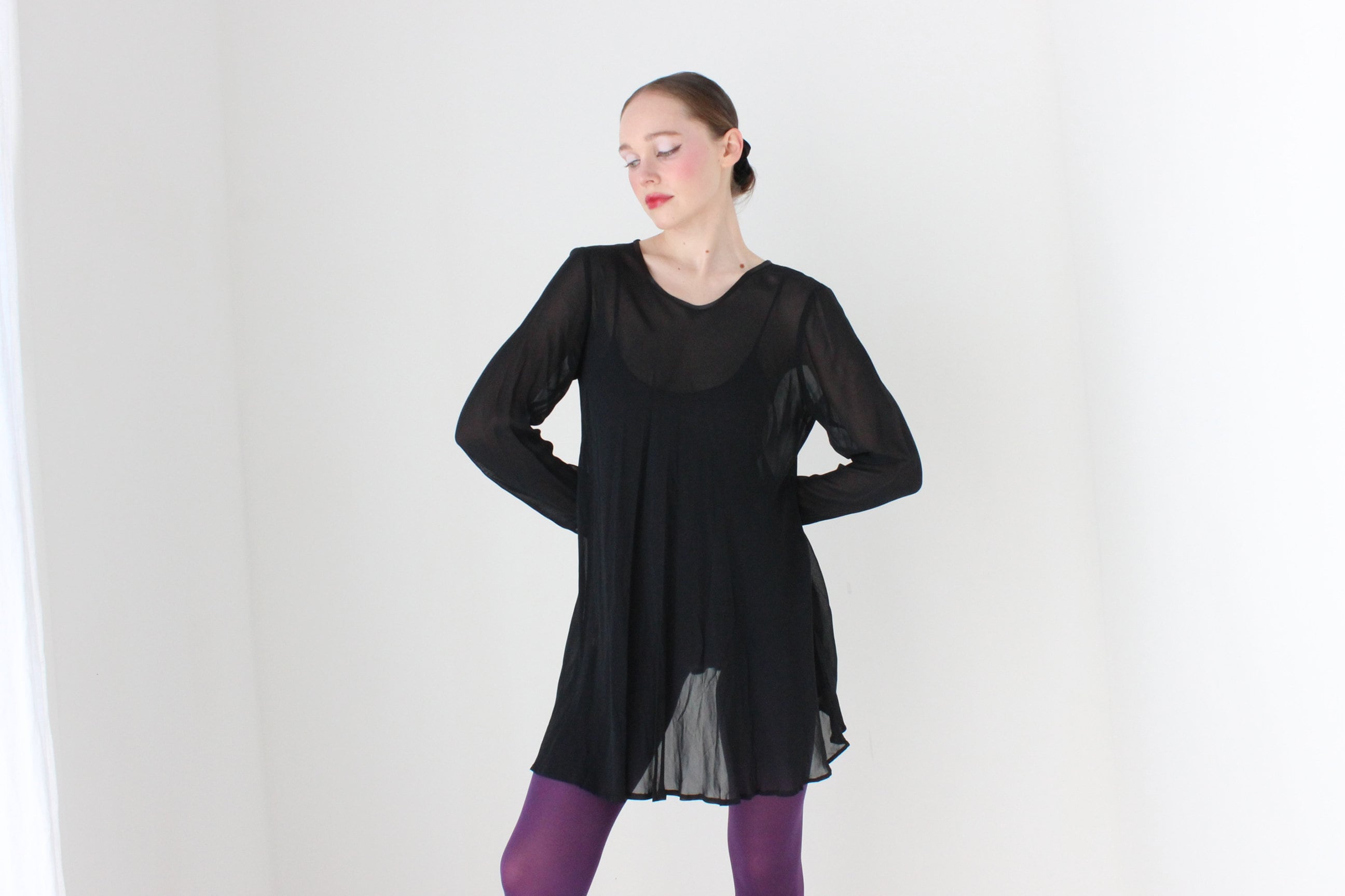 BALLETCORE 90s Black Chiffon Long Sleeve Mini