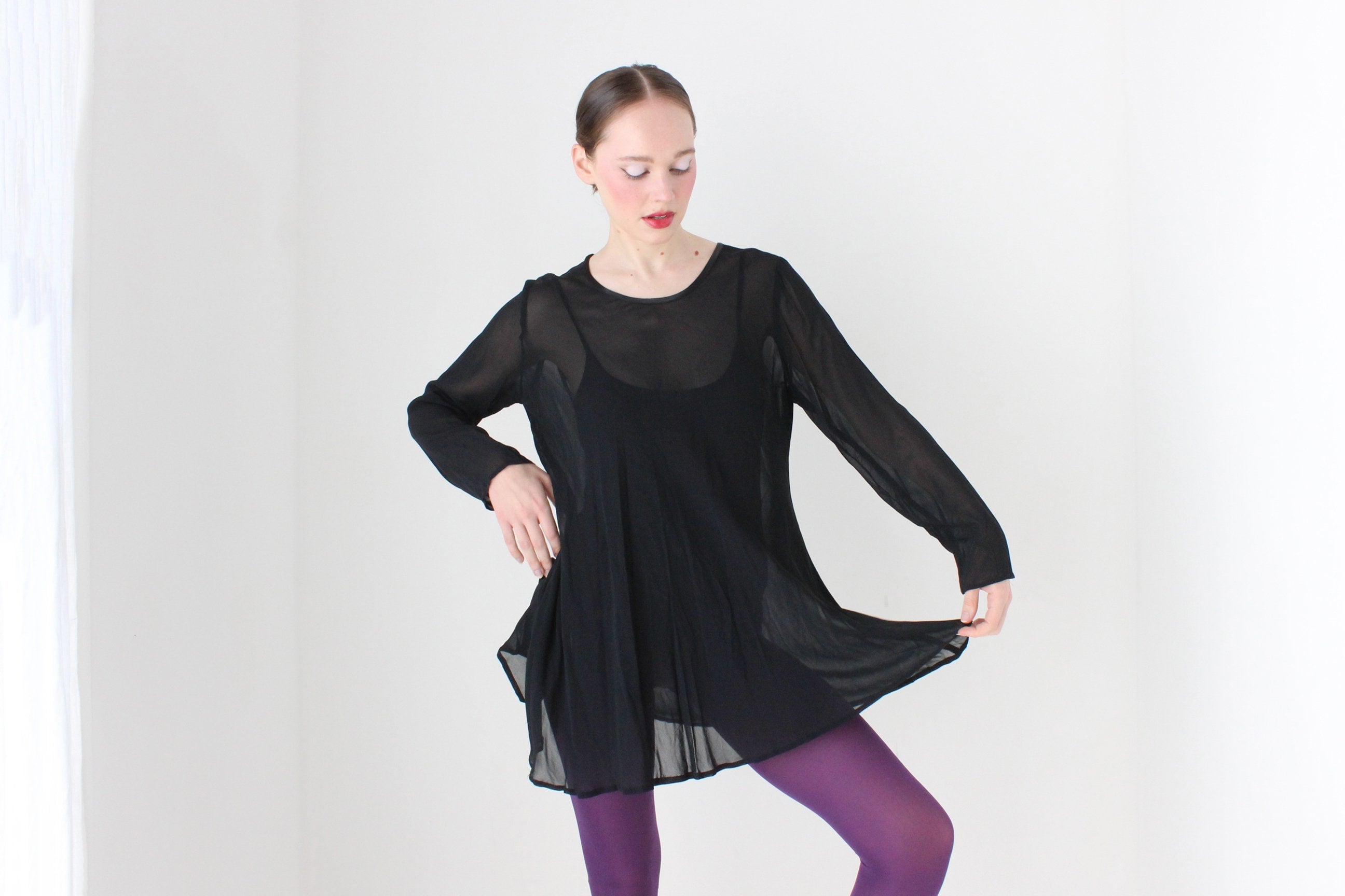 BALLETCORE 90s Black Chiffon Long Sleeve Mini