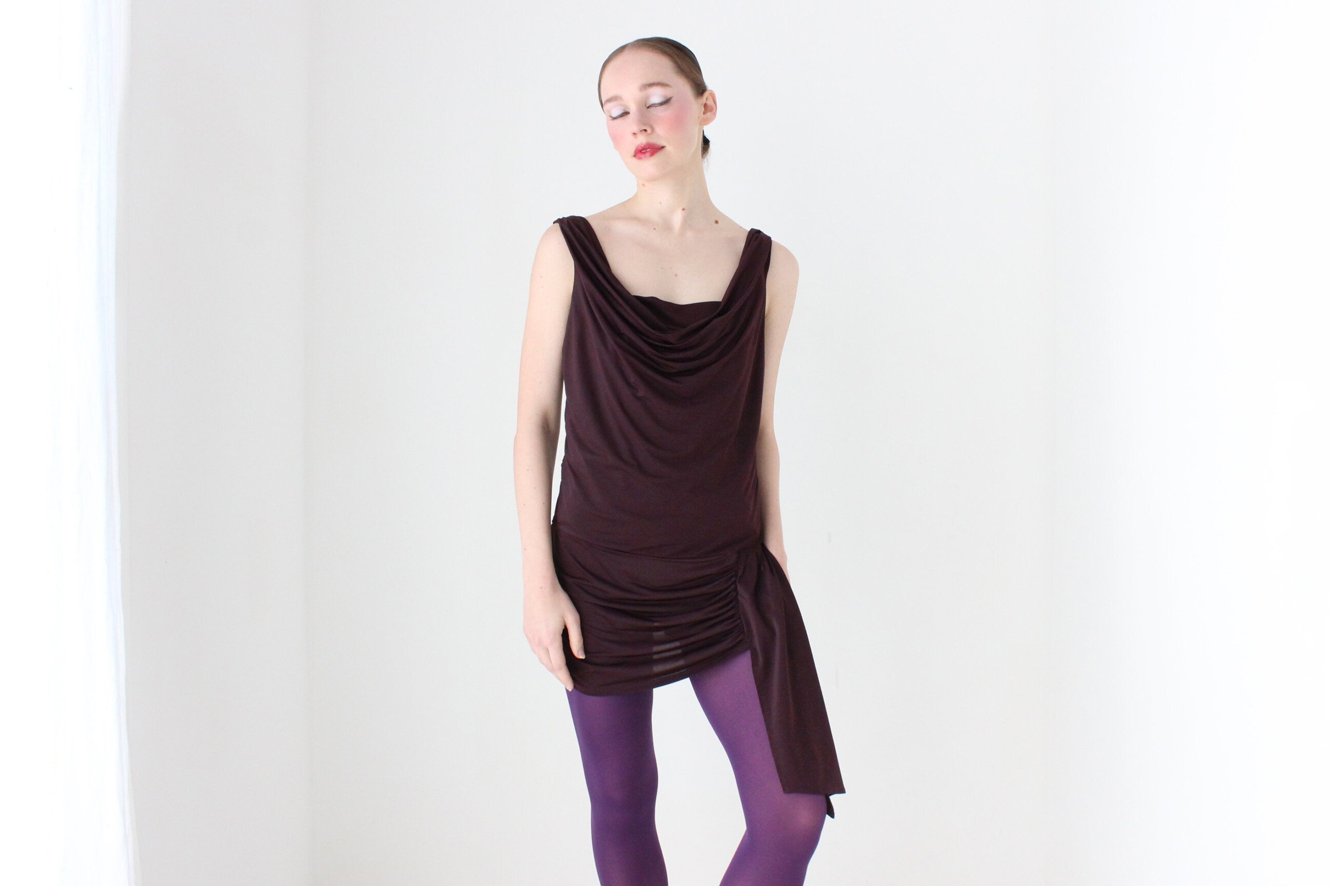 BALLETCORE Y2K Draped Slinky Cowl Neck Mini Dress or Top