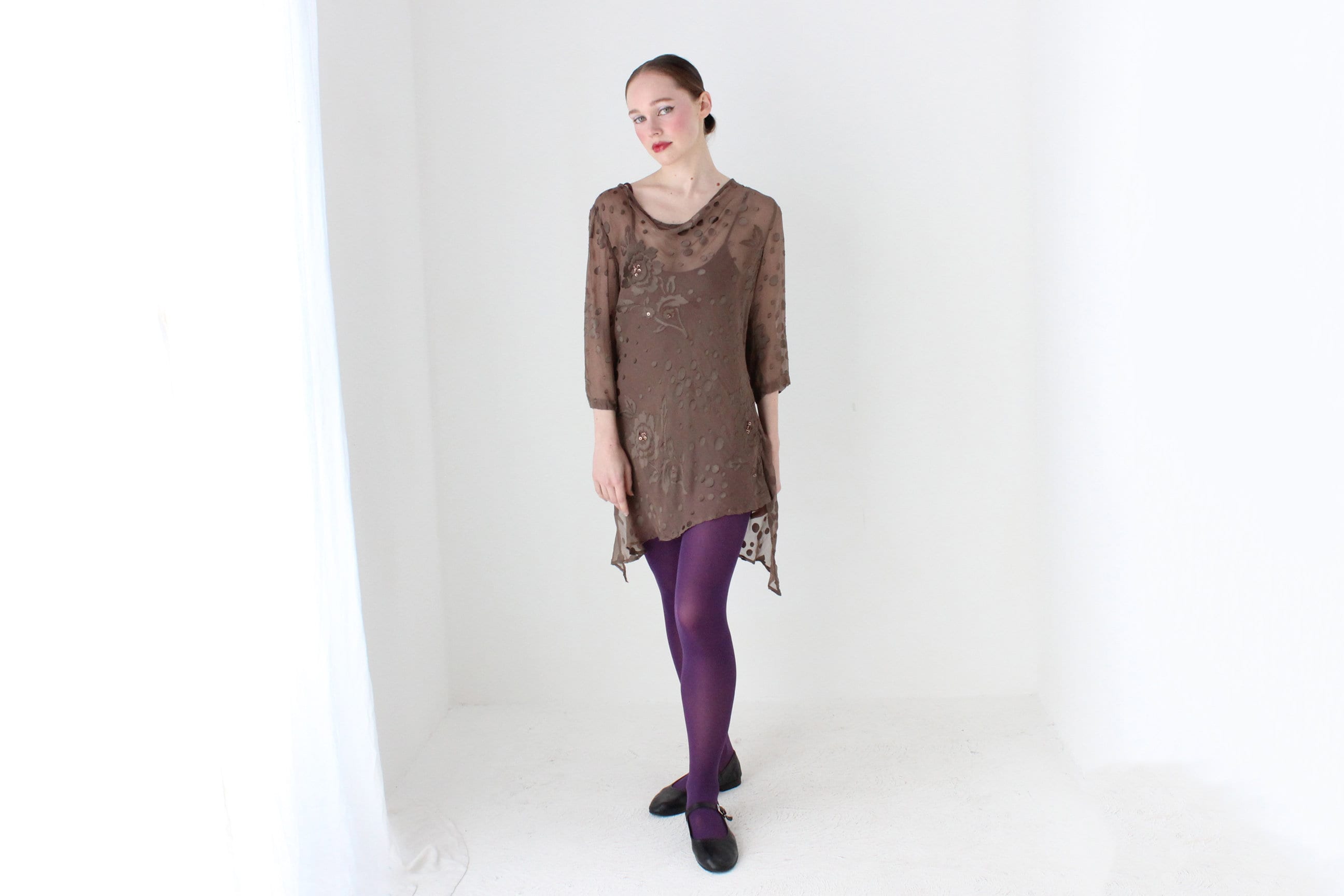 BALLETCORE Y2K Sheer Silk Flutter Cowl Neck Draped Top