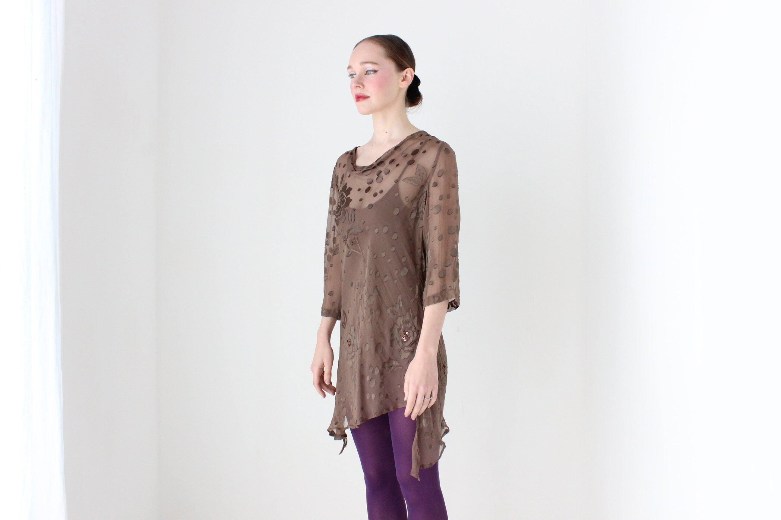 BALLETCORE Y2K Sheer Silk Flutter Cowl Neck Draped Top
