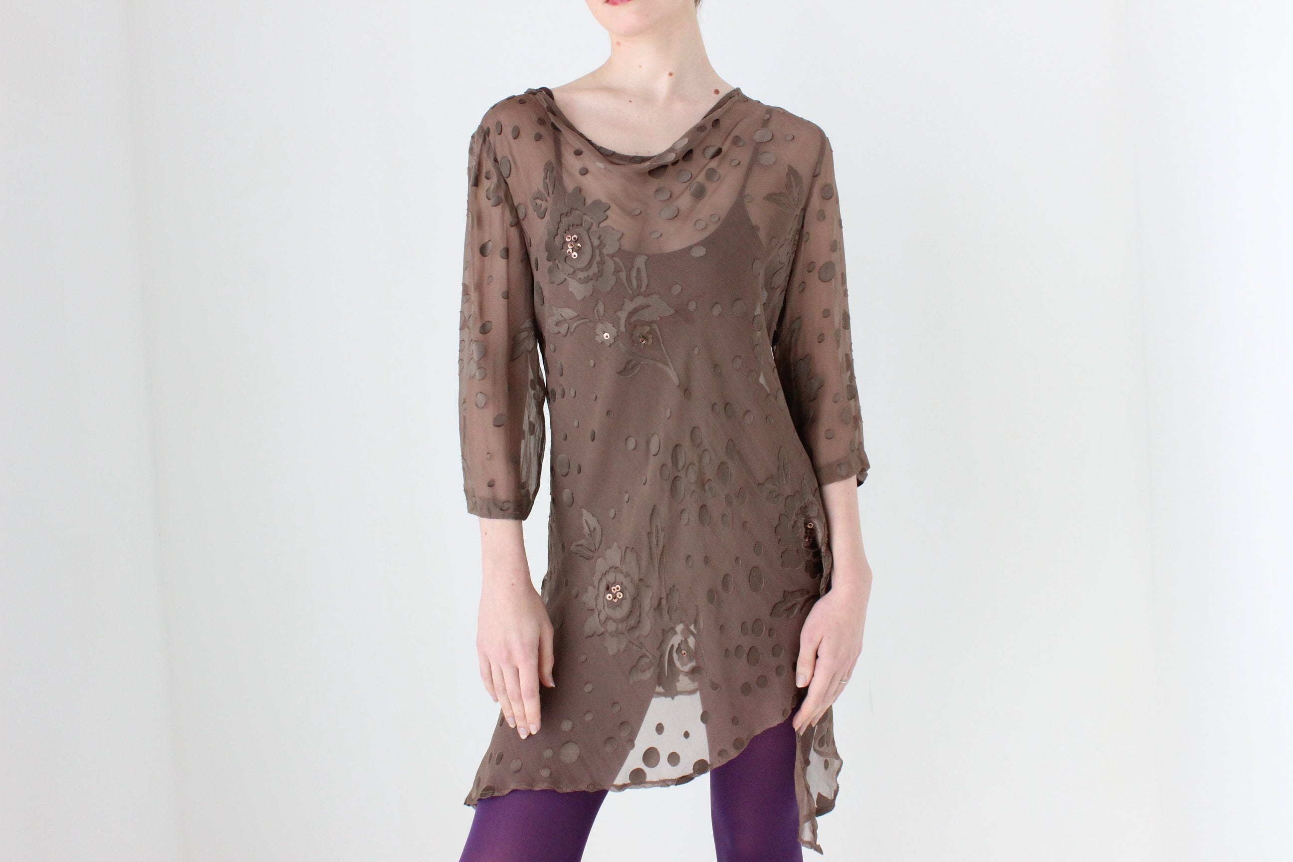 BALLETCORE Y2K Sheer Silk Flutter Cowl Neck Draped Top