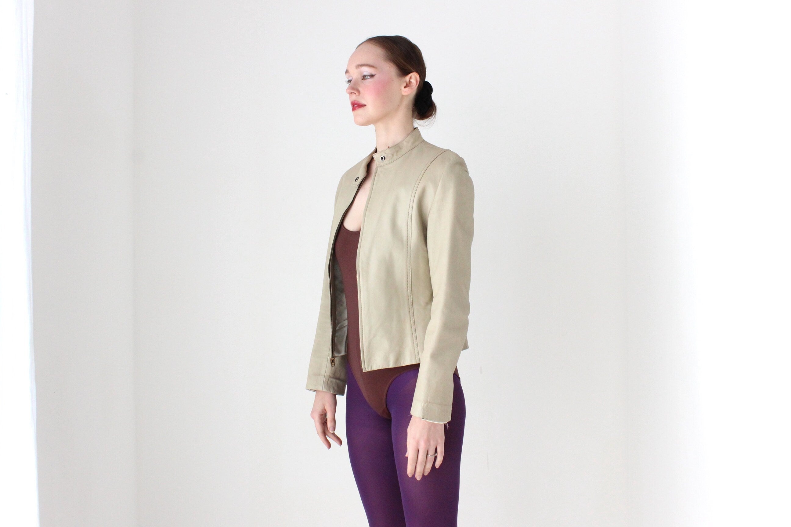BALLETCORE 90s Neutral Beige Leather Zip Front Moto Jacket