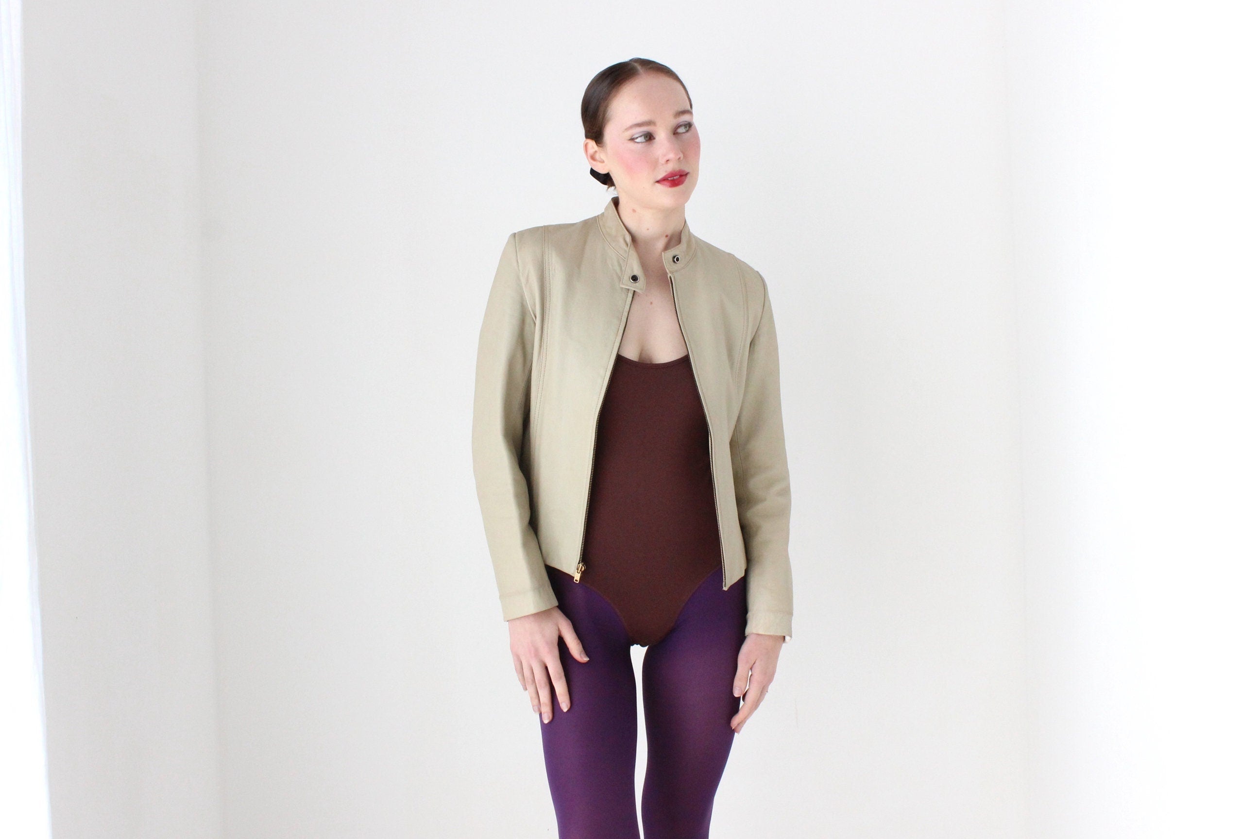 BALLETCORE 90s Neutral Beige Leather Zip Front Moto Jacket