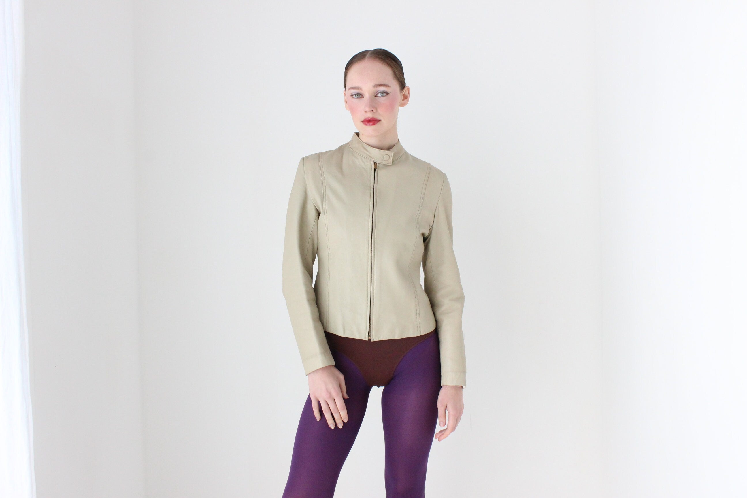 BALLETCORE 90s Neutral Beige Leather Zip Front Moto Jacket