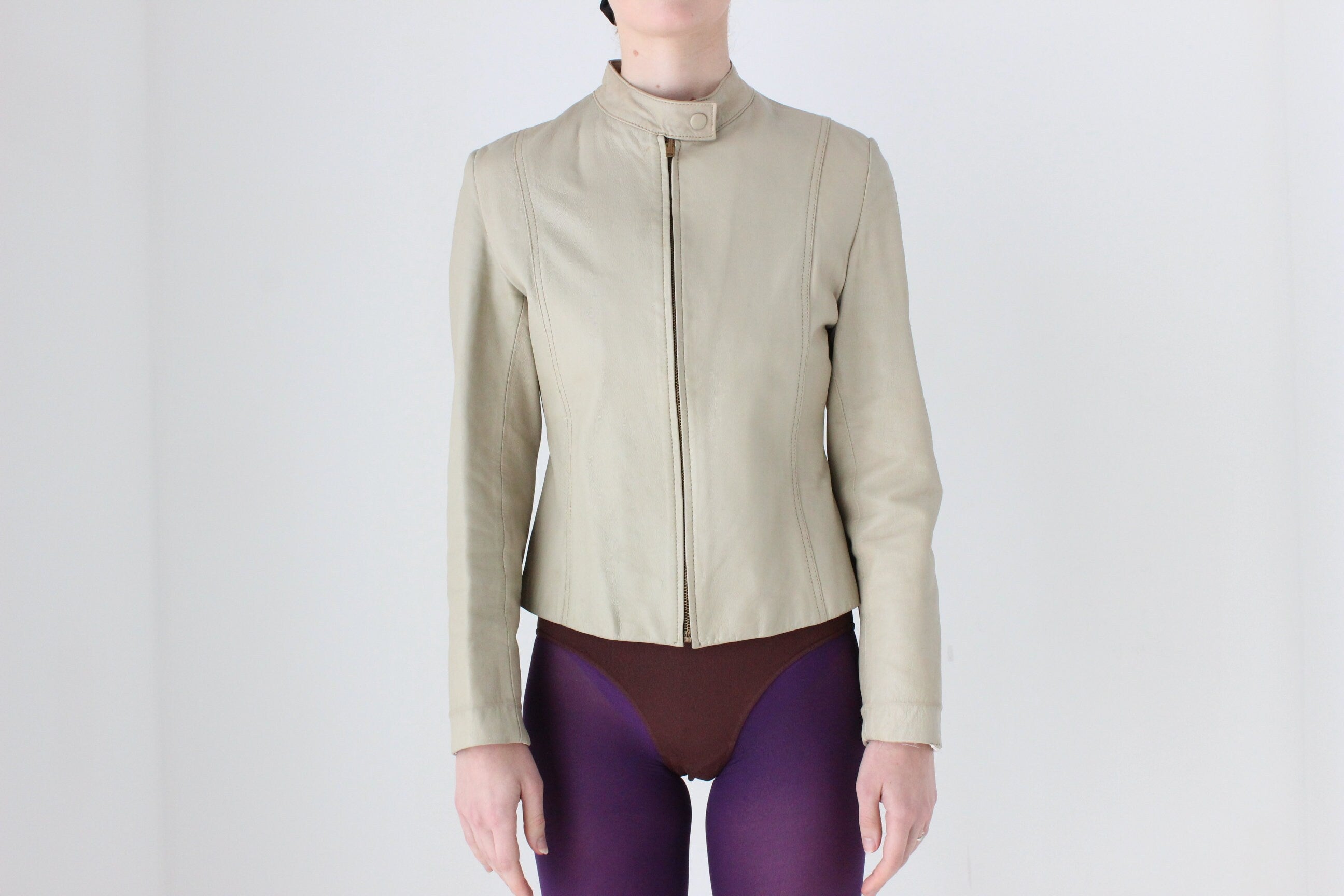 BALLETCORE 90s Neutral Beige Leather Zip Front Moto Jacket