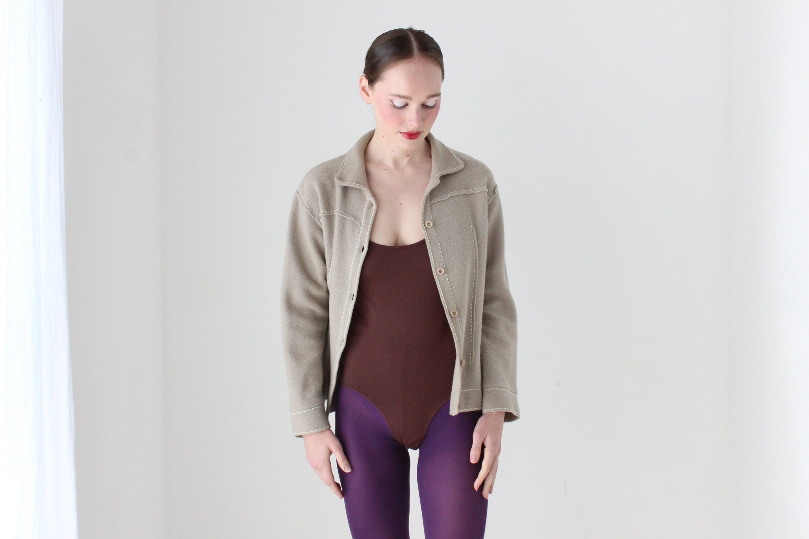 BALLETCORE 90s Pure Wool Cardigan Top w/ Contrast Stitching