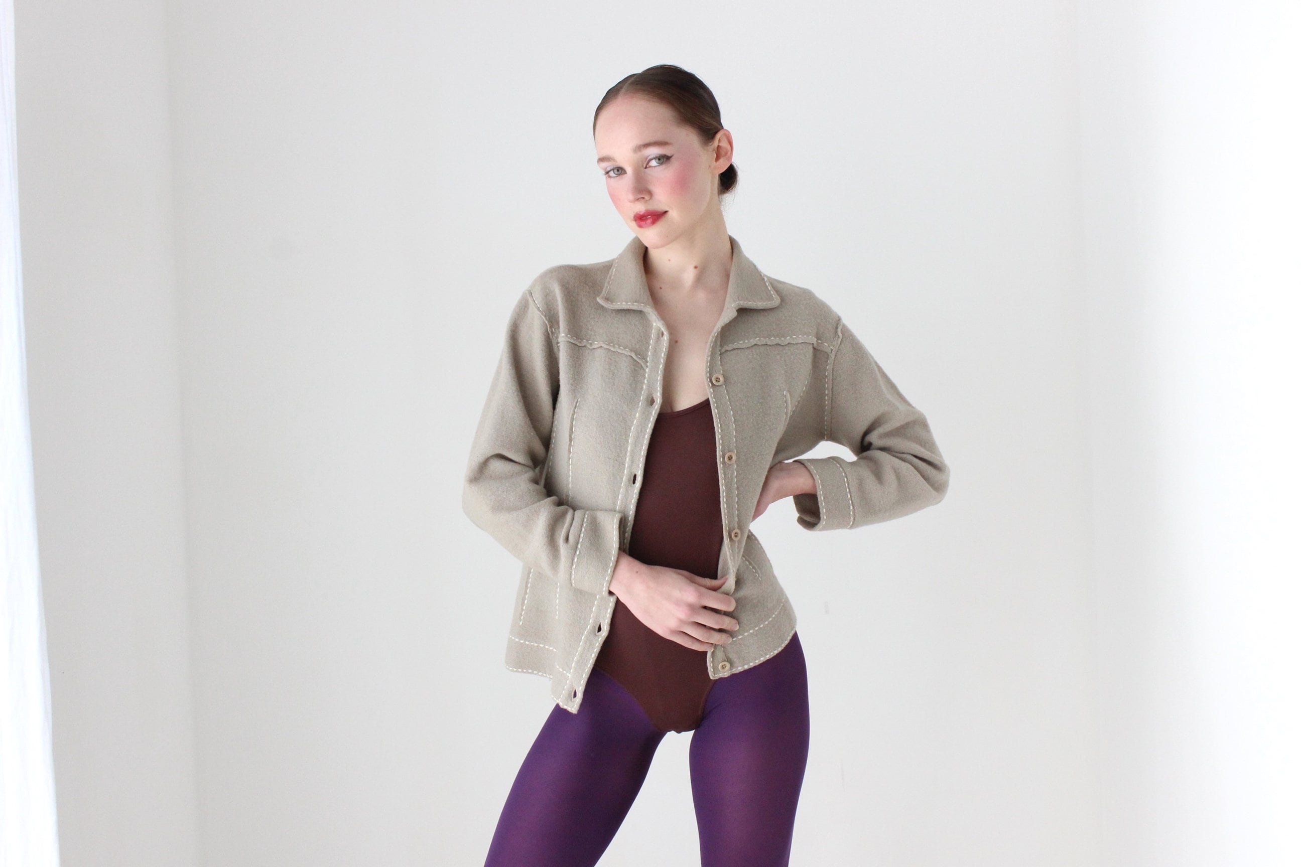 BALLETCORE 90s Pure Wool Cardigan Top w/ Contrast Stitching