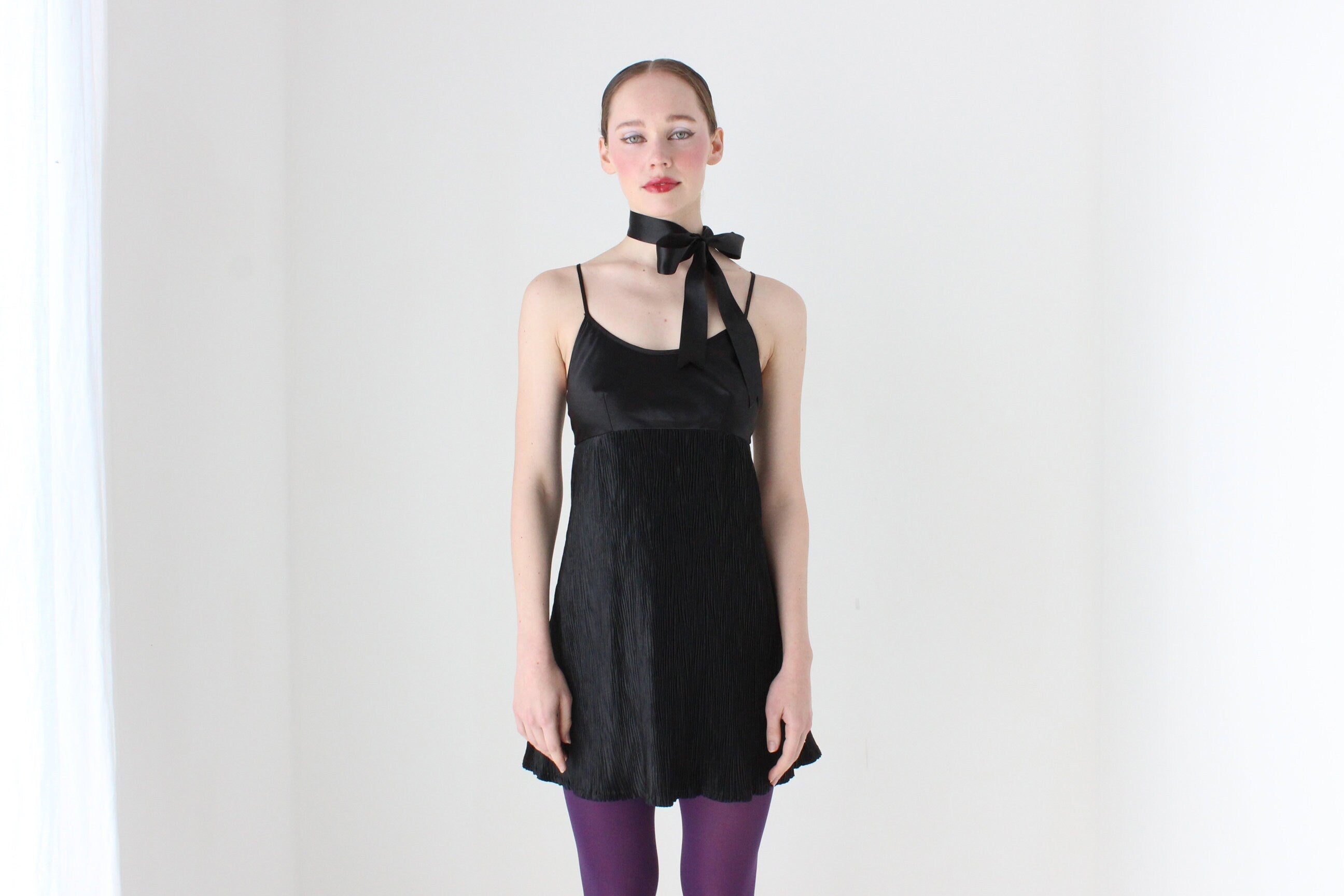 BALLETCORE 90s Black Satin Crinkle Pleat Slip Dress