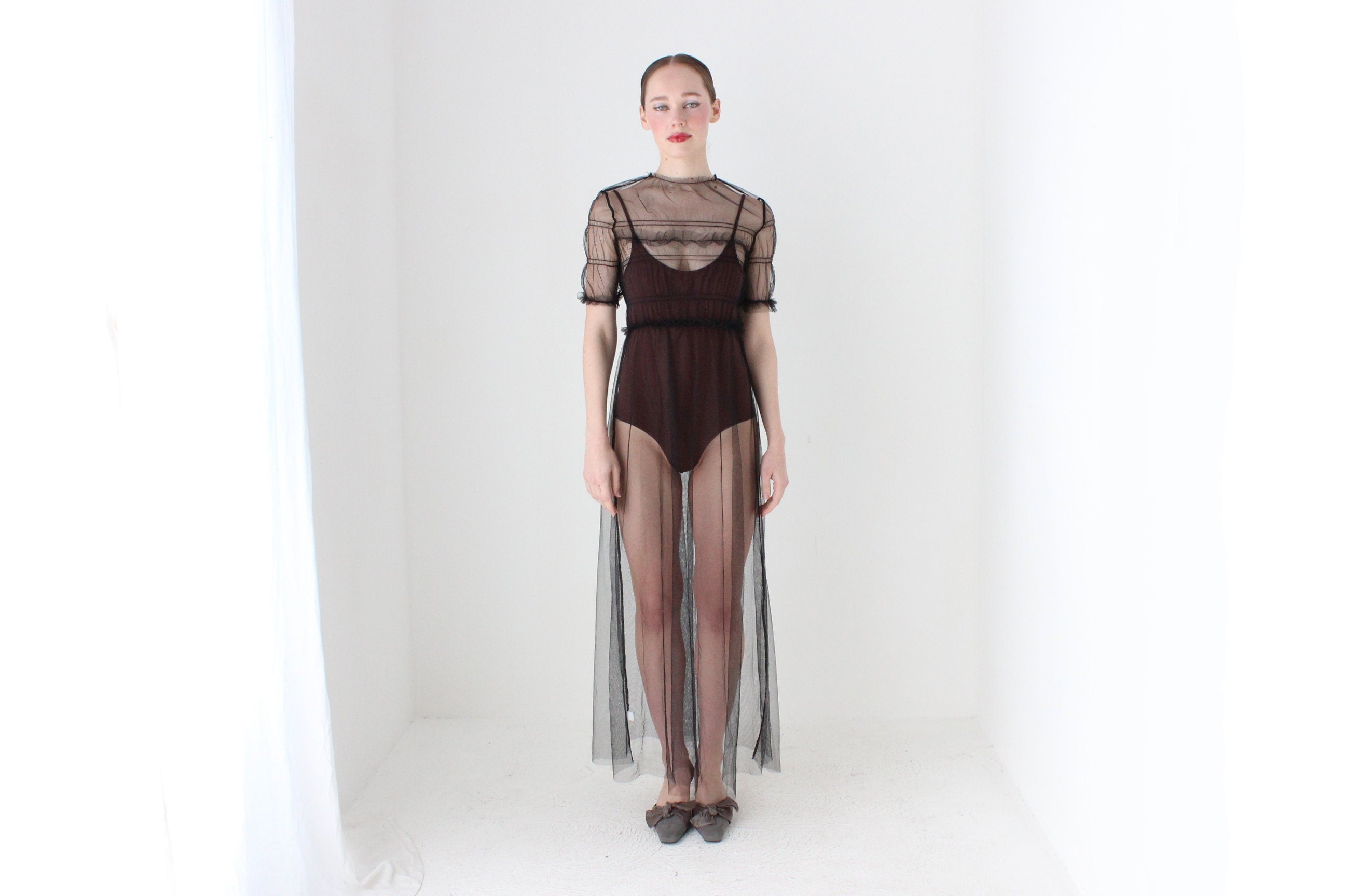 BALLETCORE Sheer Black Tulle Puff Sleeve Maxi Dress