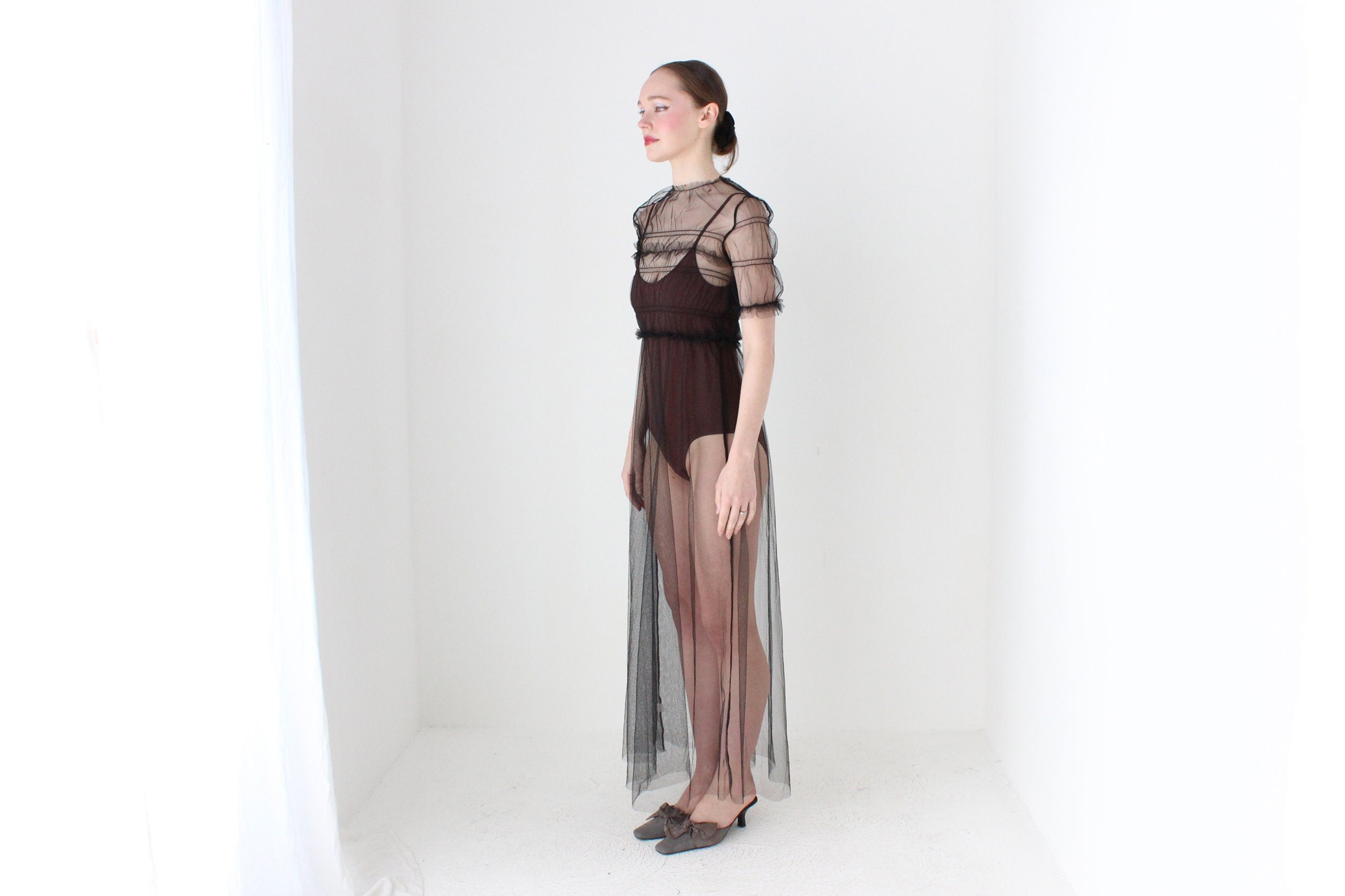 BALLETCORE Sheer Black Tulle Puff Sleeve Maxi Dress