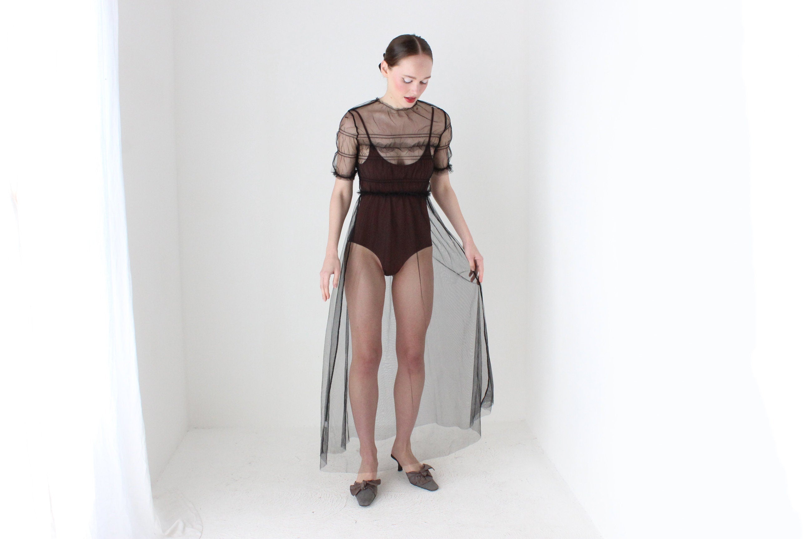 BALLETCORE Sheer Black Tulle Puff Sleeve Maxi Dress