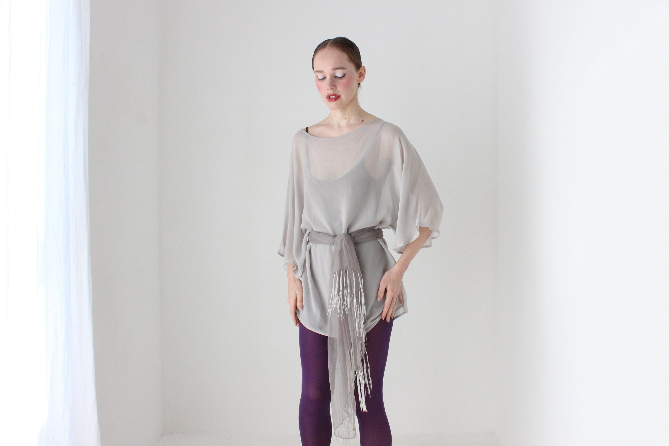 BALLETCORE 2000s Pure Silk Floaty Sheer Kimono Sleeve Top