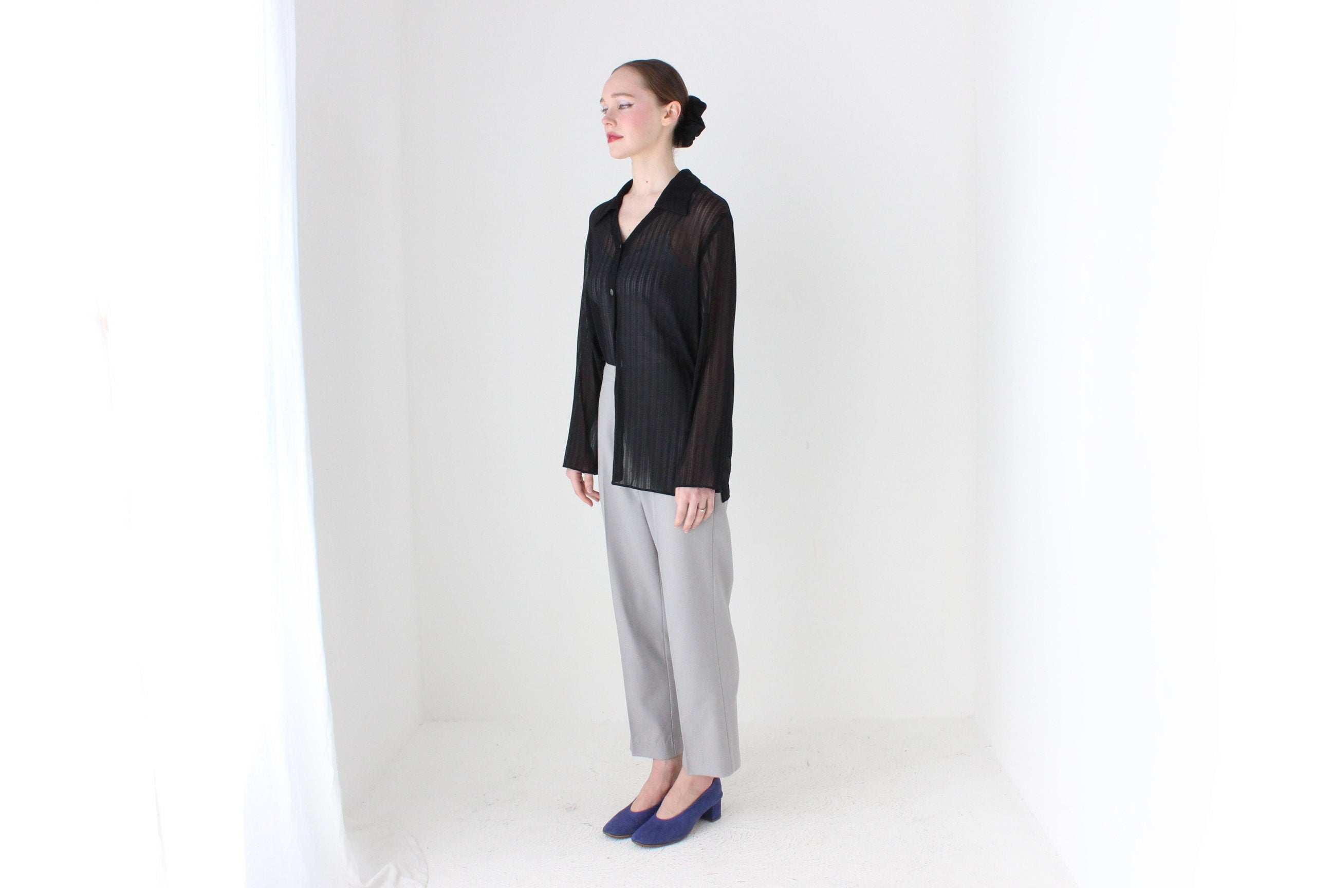BALLETCORE 90s Sheer Mesh Black Oversized Shirt