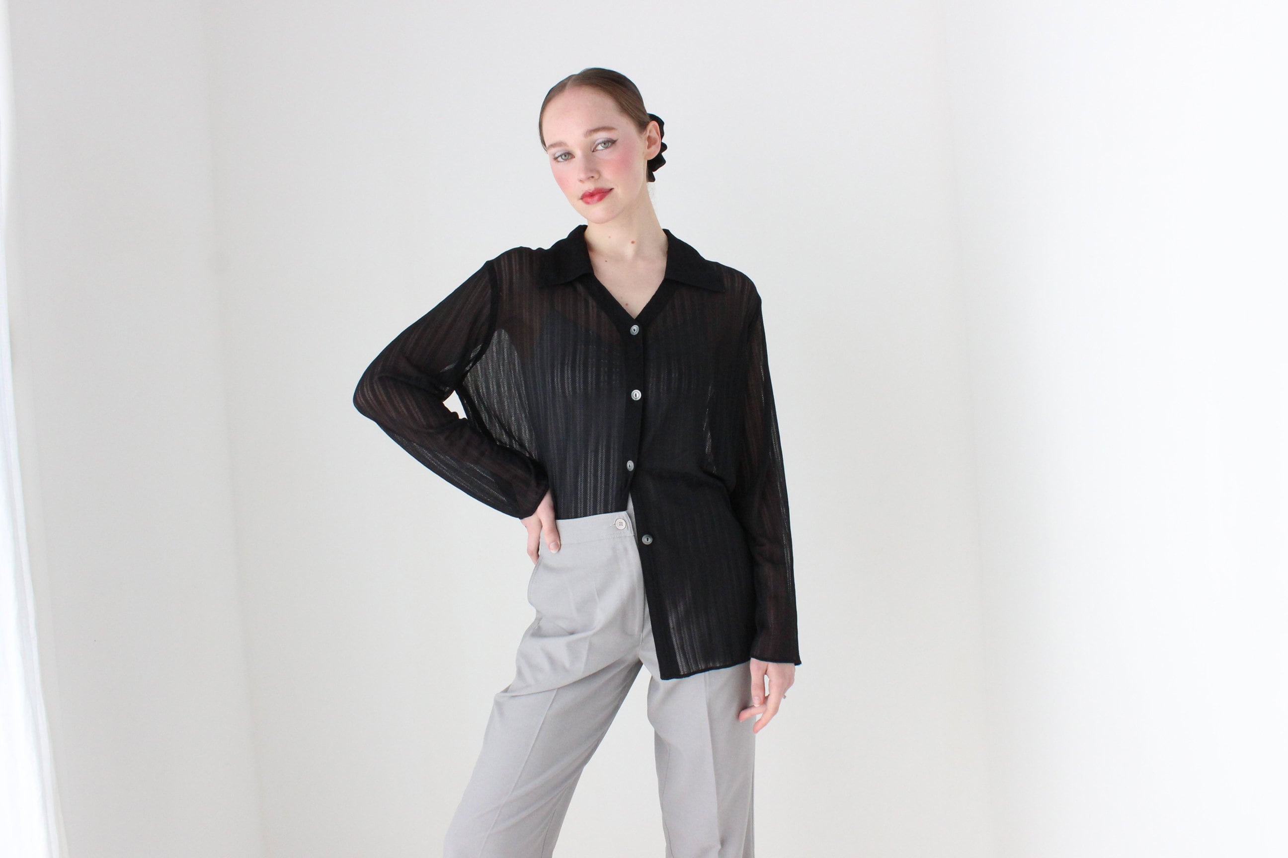 BALLETCORE 90s Sheer Mesh Black Oversized Shirt