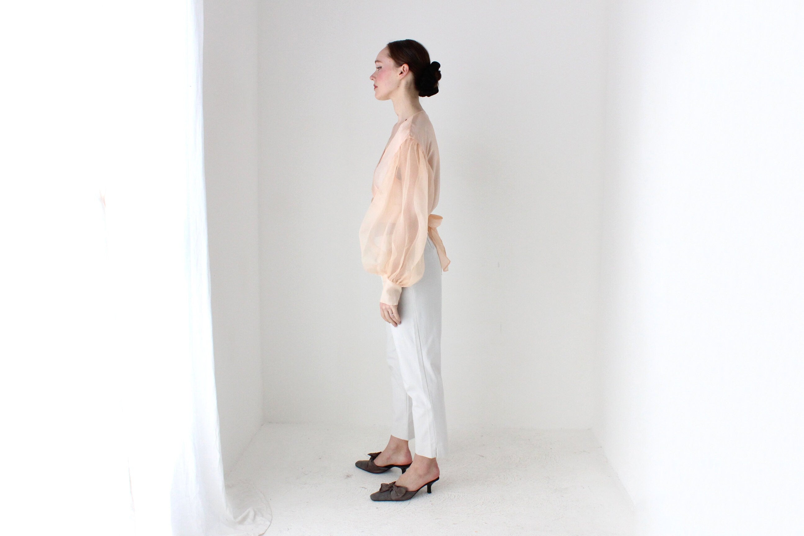 BALLETCORE Anna Cordell Pure Silk Organza Puff Blouson Sleeve Wrap Top