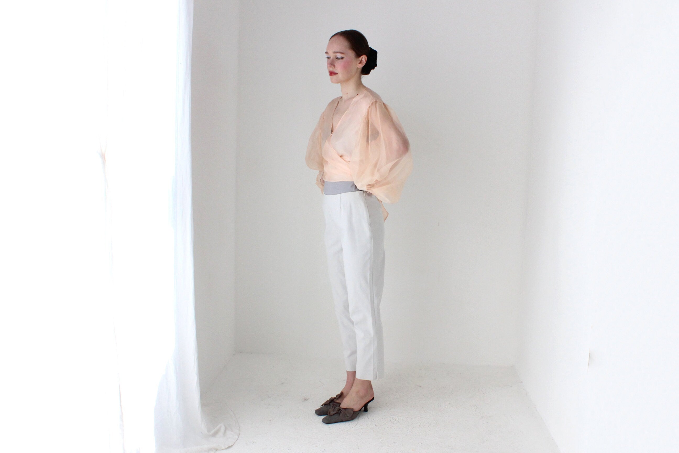 BALLETCORE Anna Cordell Pure Silk Organza Puff Blouson Sleeve Wrap Top