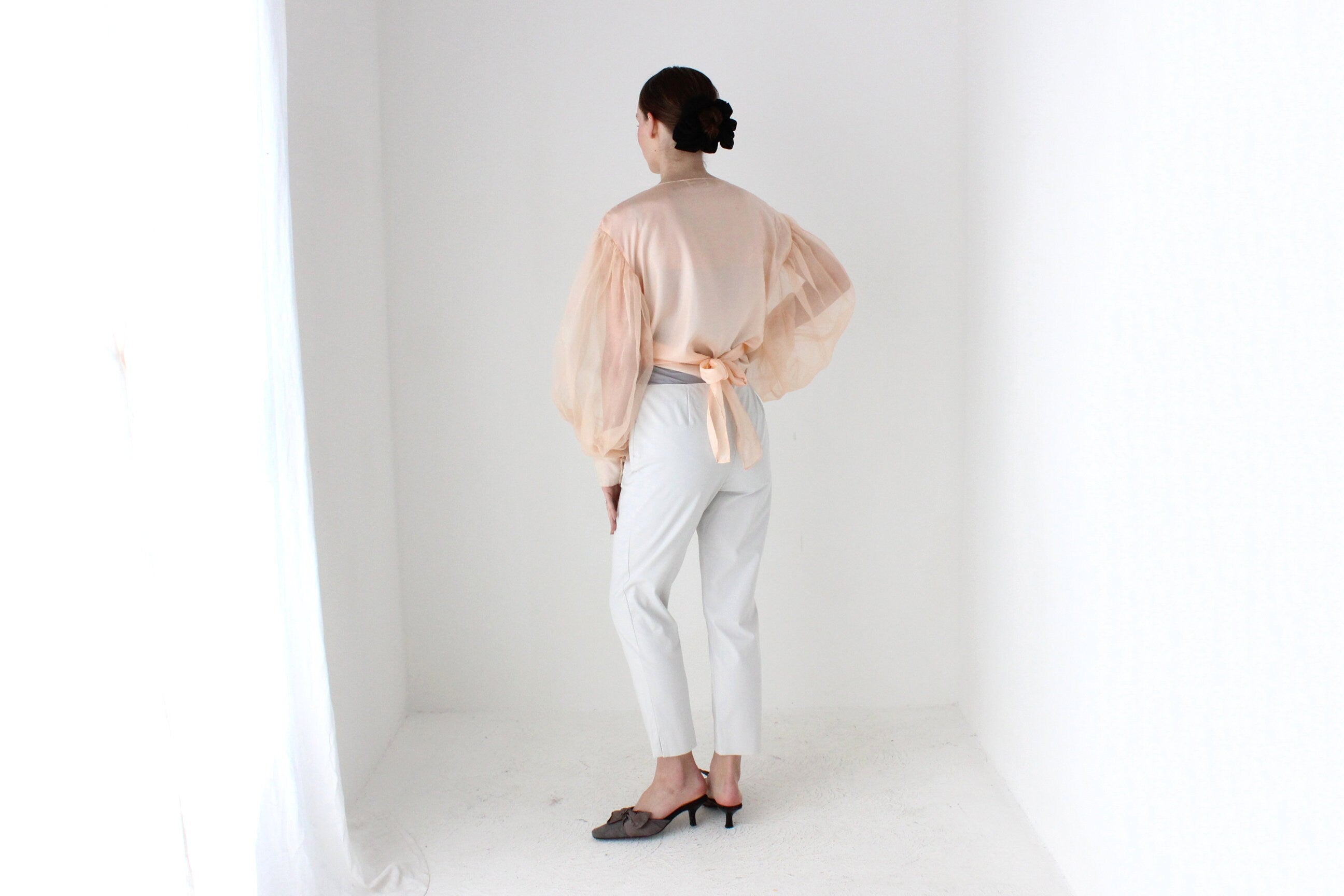 BALLETCORE Anna Cordell Pure Silk Organza Puff Blouson Sleeve Wrap Top