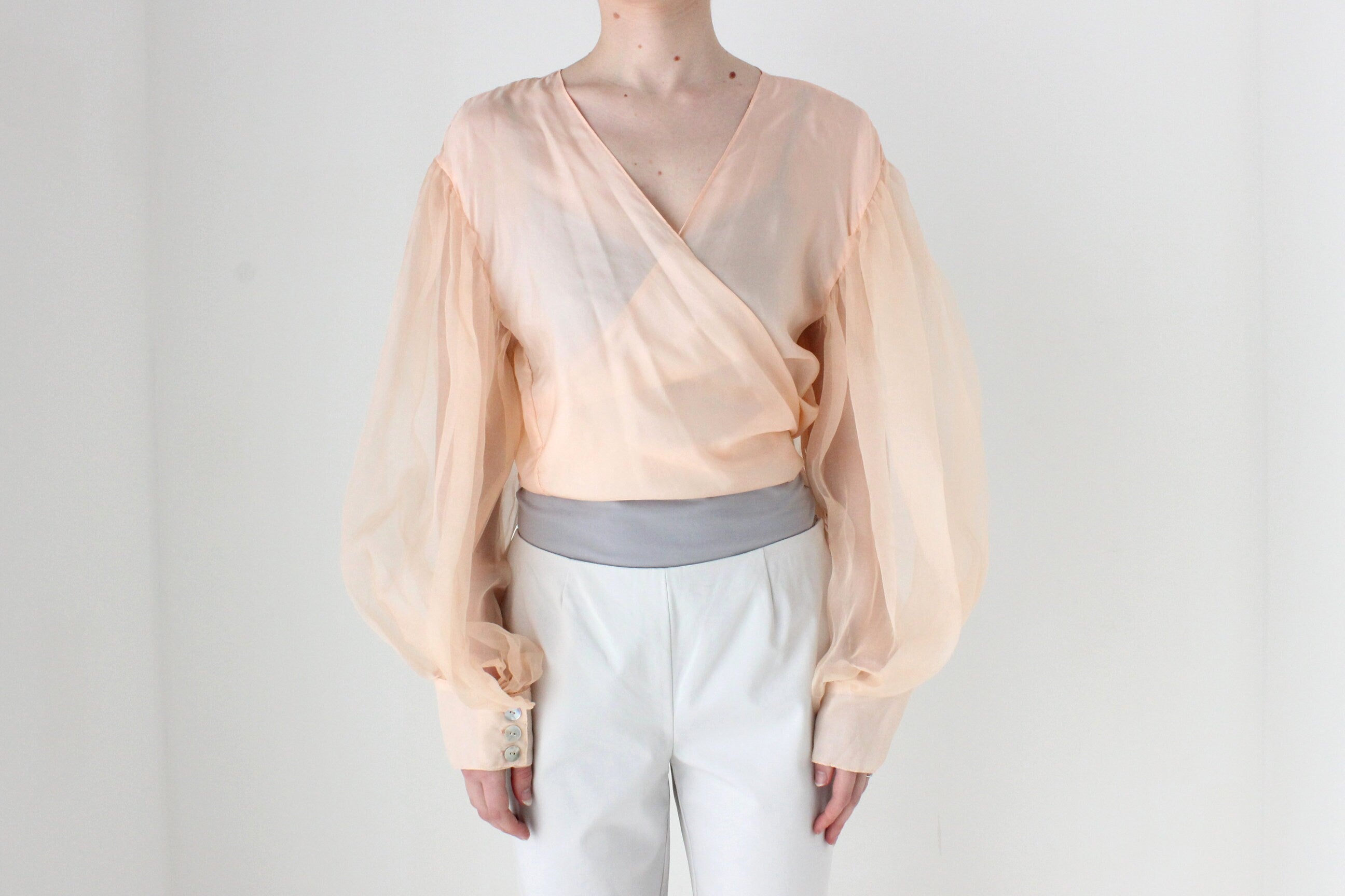 BALLETCORE Anna Cordell Pure Silk Organza Puff Blouson Sleeve Wrap Top