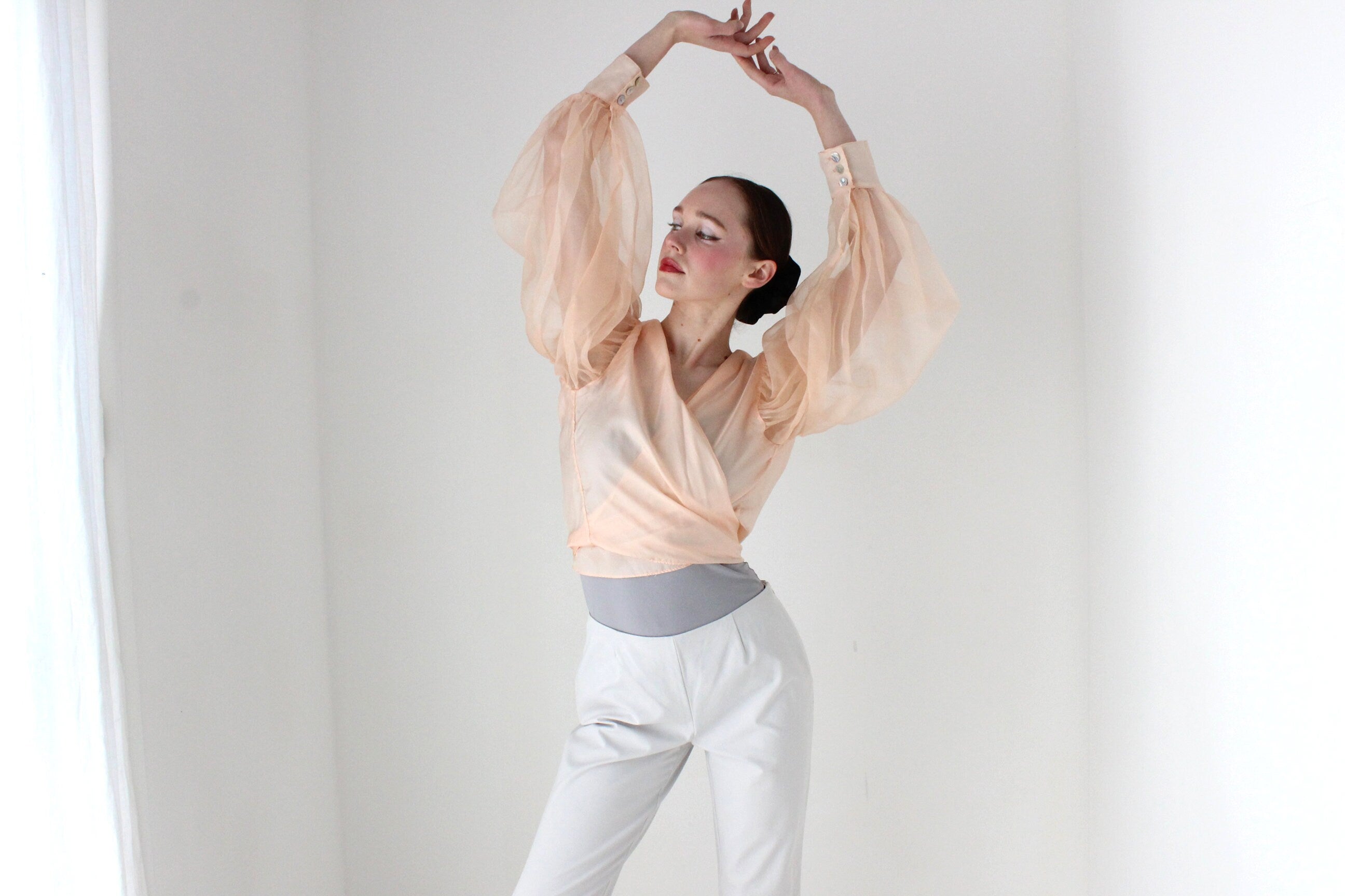 BALLETCORE Anna Cordell Pure Silk Organza Puff Blouson Sleeve Wrap Top