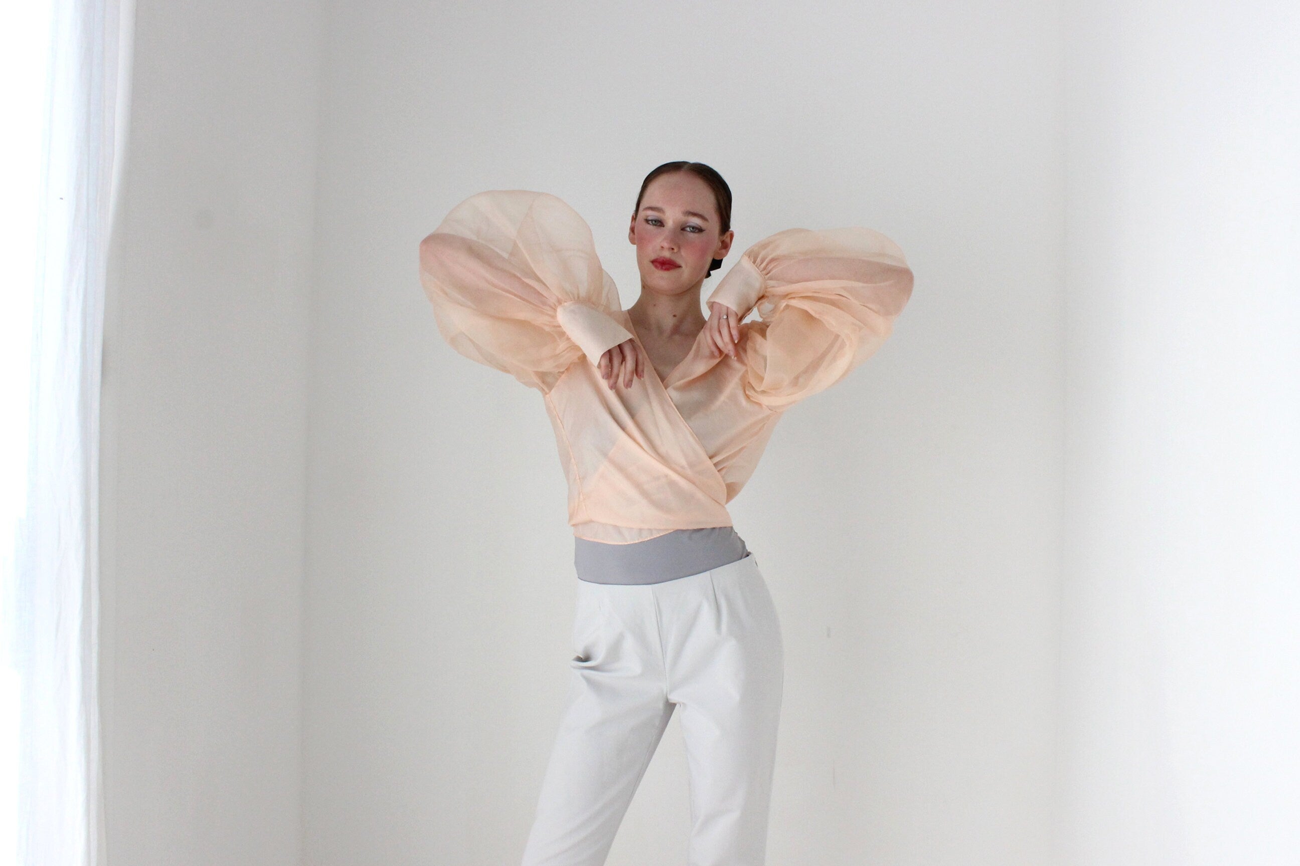 BALLETCORE Anna Cordell Pure Silk Organza Puff Blouson Sleeve Wrap Top