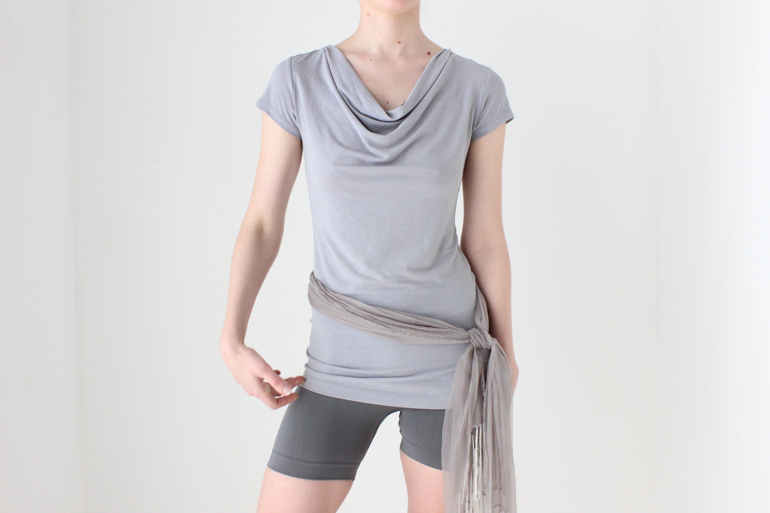 BALLETCORE Y2K Slinky Fitted Cowl Neck Cap Sleeve Top