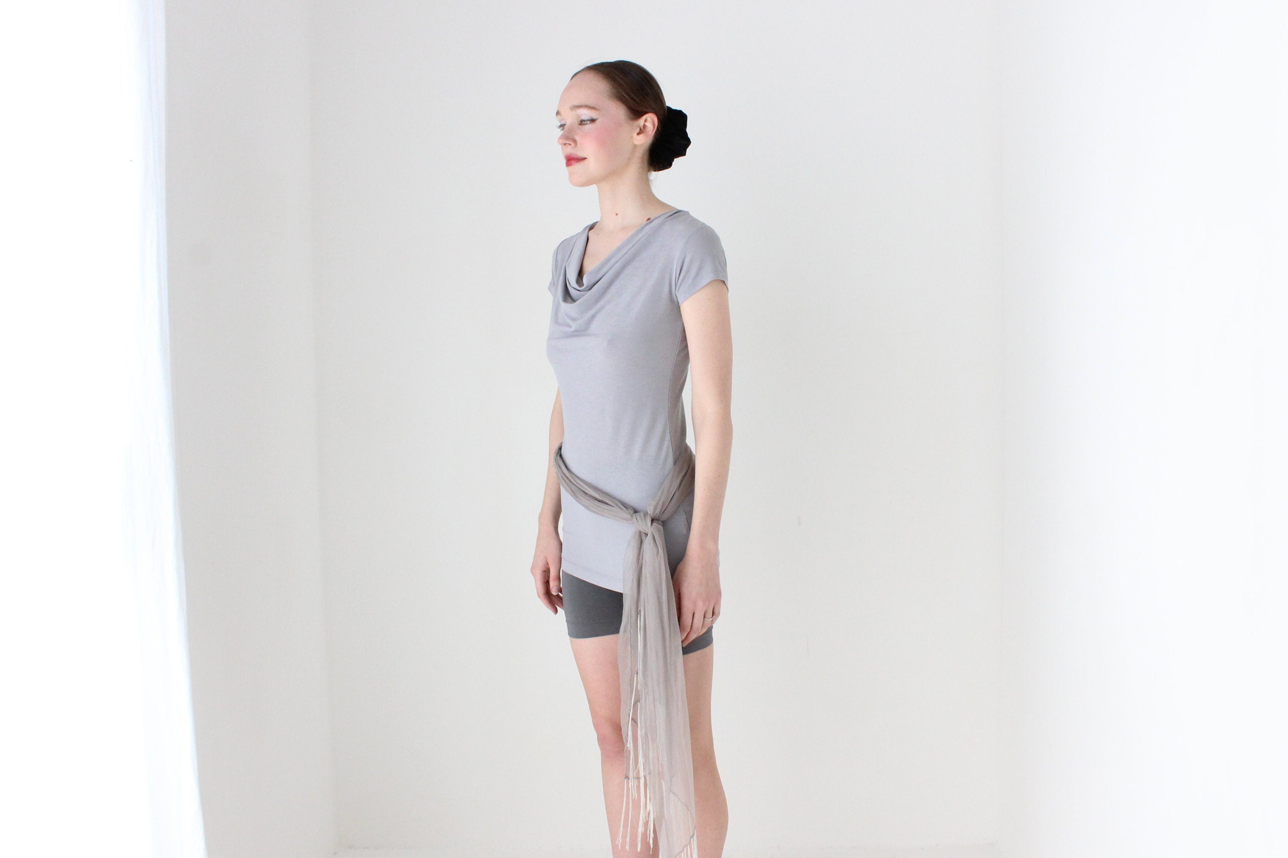 BALLETCORE Y2K Slinky Fitted Cowl Neck Cap Sleeve Top